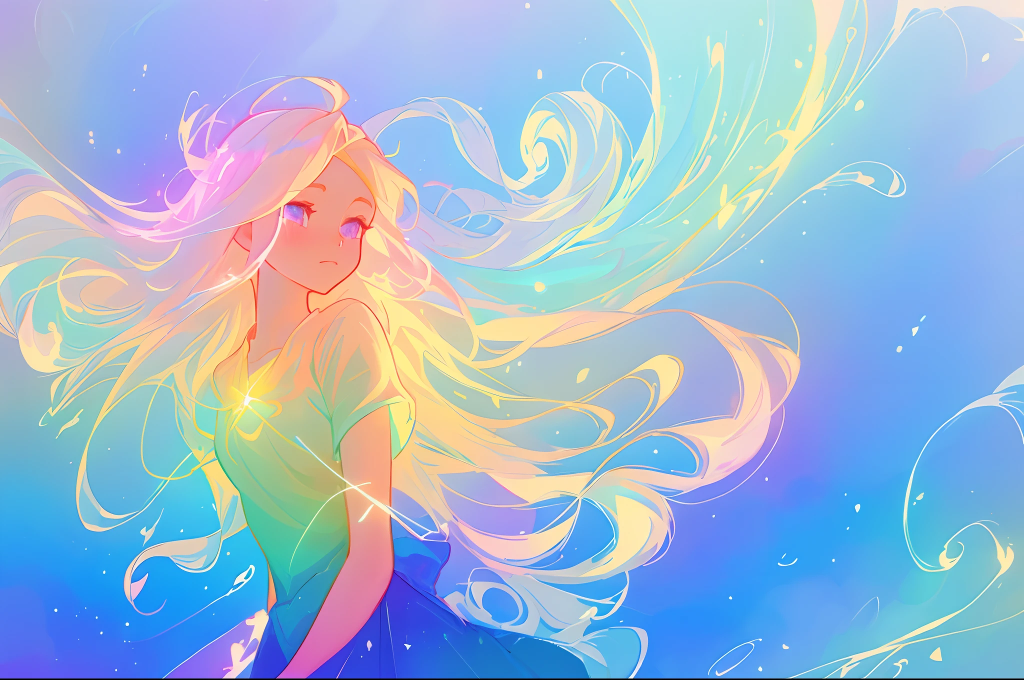 anime, a girl with long hair, in a white dress, holding a pink and blue ball, long glowing ethereal hair, glowing flowing hair, flowing glowing hair, anime girl with cosmic hair, beautiful young wind spirit, long glowing hair, beautiful anime art style, beautiful digital illustration, ethereal anime, a beautiful artwork illustration, blonde anime girl with long hair, inspired by Glen Keane, inspired by Lois van Baarle, disney art style, by Lois van Baarle, glowing aura around her, by Glen Keane, jen bartel, glowing lights