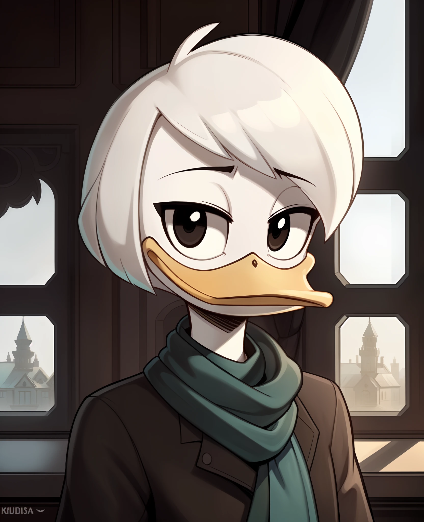 (by ducktales)  (by kyurisawa:1.2) (by chelodoy:1) (by ashraely:1) (anthro duck) (white hands:1.1) (headshot portrait:1.1) (della duck:1.2) (beak) (white hair) (black eyes) (happy) (clothed, clothing:1.3) (teal scarf) (brown_flight_jacket) (collar) (white skin:1.2) (solo:1.1) (mansion, window) ( morning:1.3)