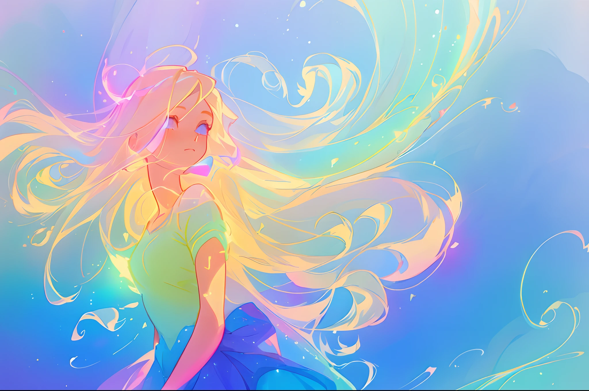 anime, a girl with long hair, in a white dress, holding a pink and blue ball, long glowing ethereal hair, glowing flowing hair, flowing glowing hair, anime girl with cosmic hair, beautiful young wind spirit, long glowing hair, beautiful anime art style, beautiful digital illustration, ethereal anime, a beautiful artwork illustration, blonde anime girl with long hair, inspired by Glen Keane, inspired by Lois van Baarle, disney art style, by Lois van Baarle, glowing aura around her, by Glen Keane, jen bartel, glowing lights