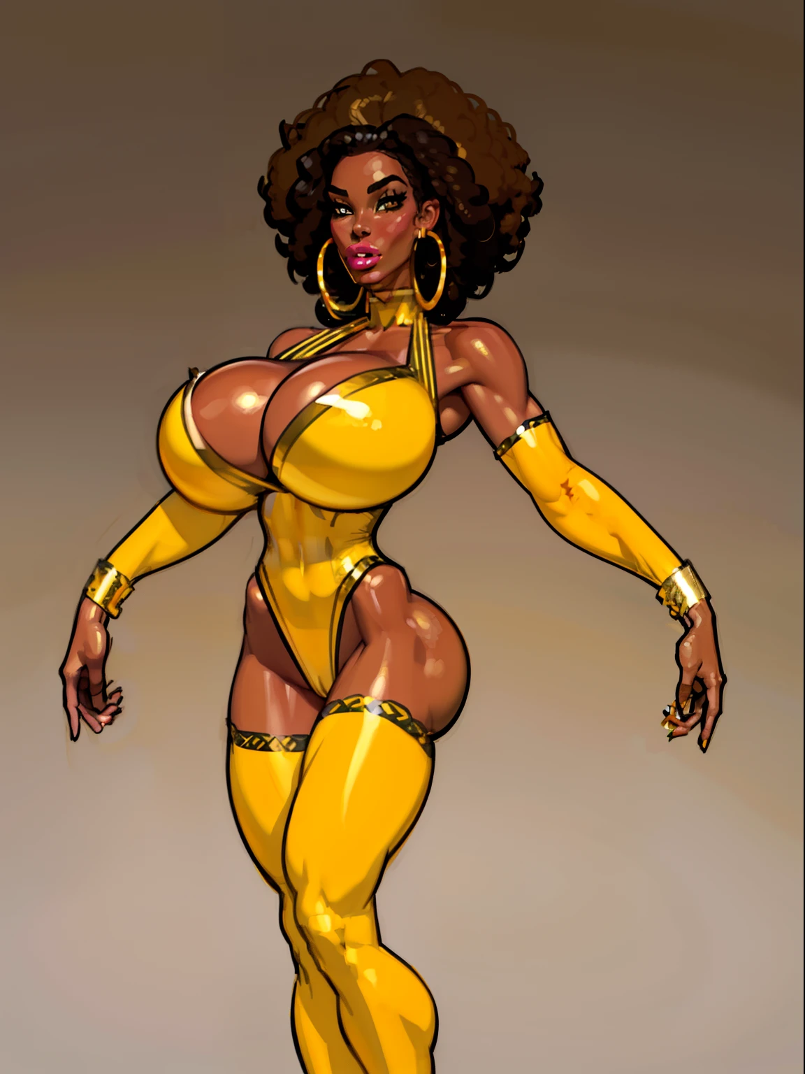 ((masterpiece)),(((best quality))),((character sheet)), ((full body view)) ((african queen)) ((afro)) ((seductive pose)) mature face, defined cheekbones, high cheekbones, illustration, girl, muscular, ((afro:1.4)), sexy bimbo, (gigantic breasts:1.7) brown hair, ((detailed face:1.4)) beautiful woman, (yellow leotard:1.4), (gold hoop earrings:1.6), (thighhighs:1.4) (yellow lipstick:1.5) , shiny skin, scribbles and marks,(puffy lips:1.5) , rough sketches, 8k,16k, (simple background, white background: 1.3), yellow and black color palette, brown legs, orange arms, (black skin:1.7)