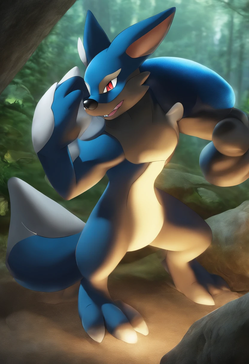 Pokémon、Lucario being attacked by a wolf、Black Wolf、Erect peniating）