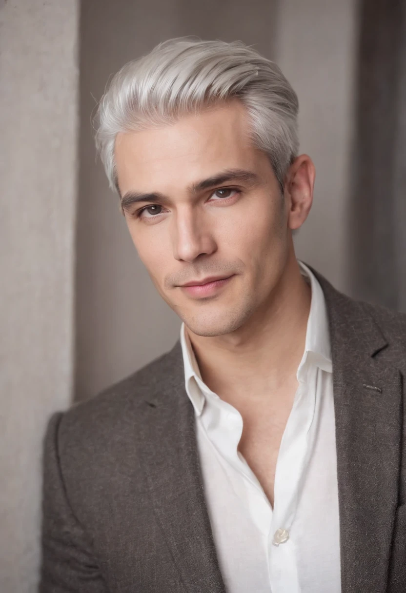 Portrait of handsome man 30 years old round face cinematic appearance、Silver hair、Brown jacket、White button-down shirt、kindly smile、Photography, Male perfection,  Black eyes, Hyper realistic, 8K - V 4、50-year-old dandy gentleman、Gentle eyes、Gray hair、Looking straight ahead at the camera、Gentle expression