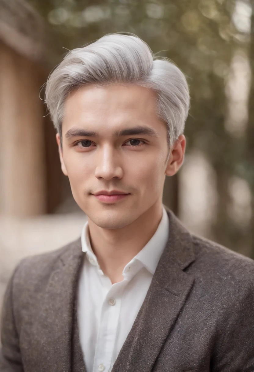 Portrait of handsome man 30 years old round face cinematic appearance、Silver hair、Brown jacket、White button-down shirt、kindly smile、Photography, Male perfection, Black eyes, Hyper realistic, 8K - V 4、50-year-old dandy gentleman、Gentle eyes、Gray hair、Looking straight ahead at the camera、Gentle expression