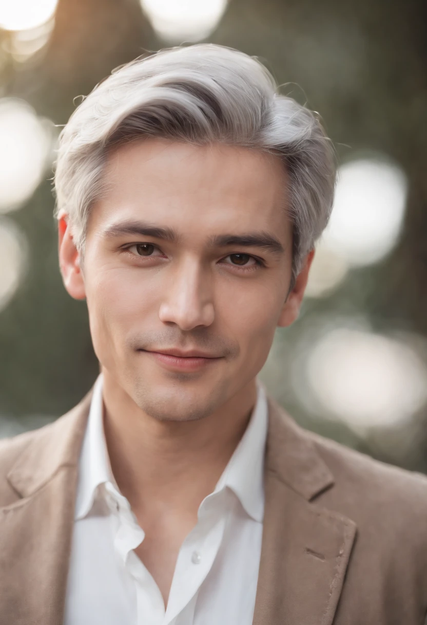 Portrait of handsome man 30 years old round face cinematic appearance、Silver hair、Brown jacket、White button-down shirt、kindly smile、Photography, Male perfection, Black eyes, Hyper realistic, 8K - V 4、50-year-old dandy gentleman、Gentle eyes、Gray hair、Looking straight ahead at the camera、Gentle expression