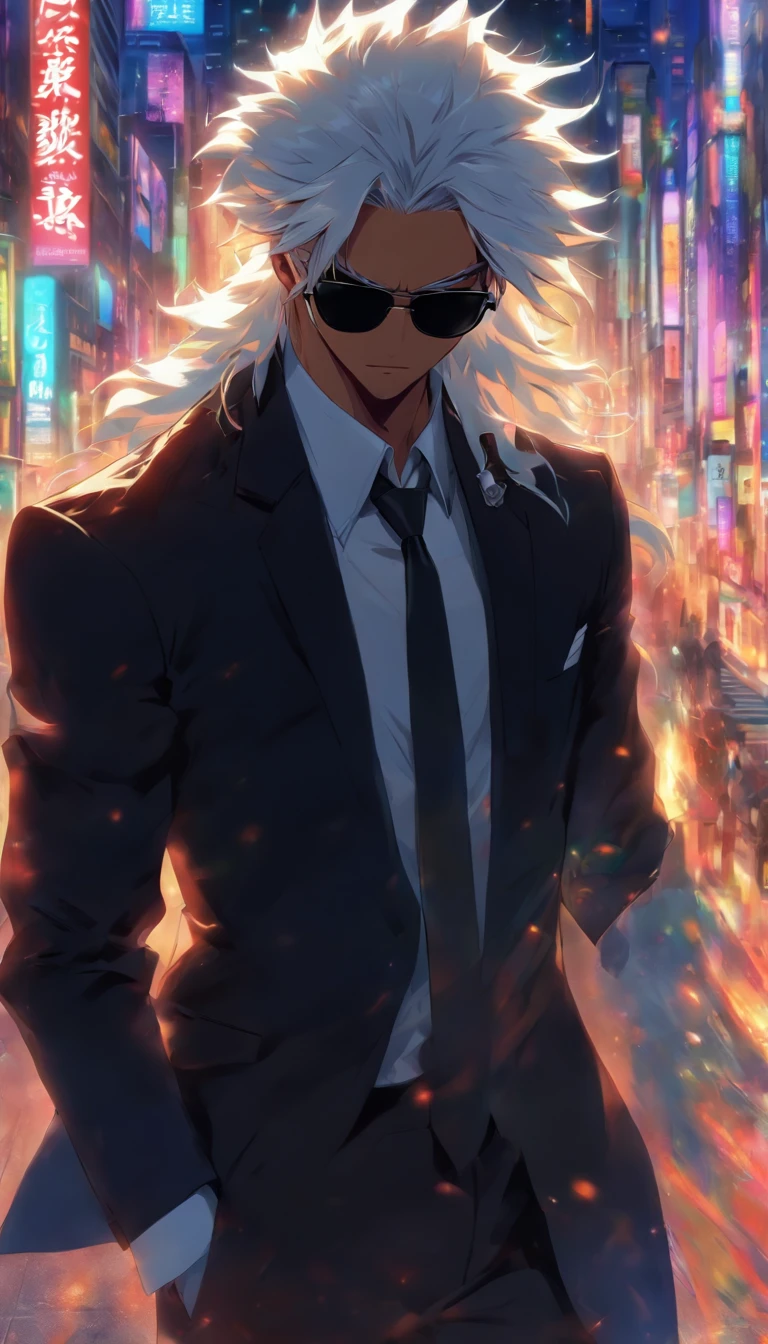 Man wearing sunglasses, black suit, white hair, in the middle of the city