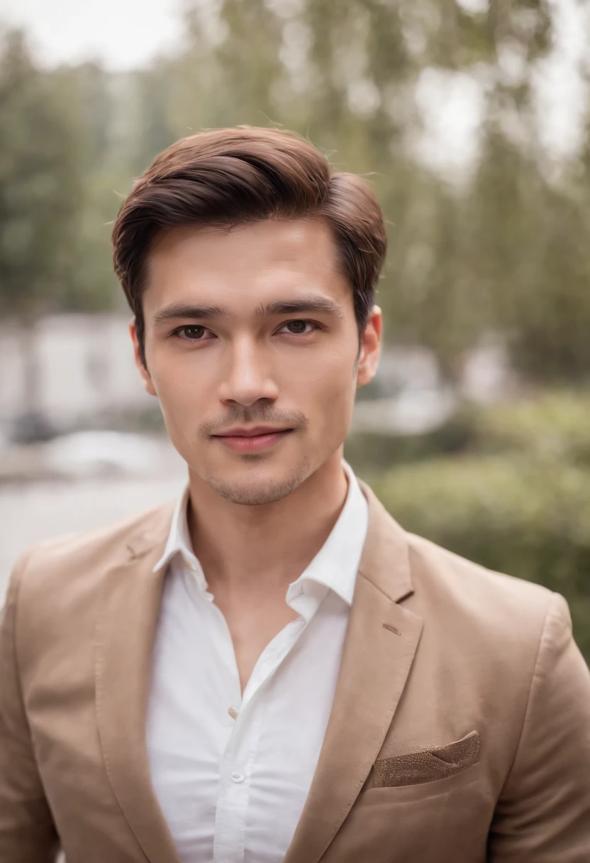 Portrait of handsome man 30 years old round face cinematic appearance、White shirt and jacket、Looking straight ahead at the camera、Gentle expression、Gentle eyes、Brown jacket、Smiling