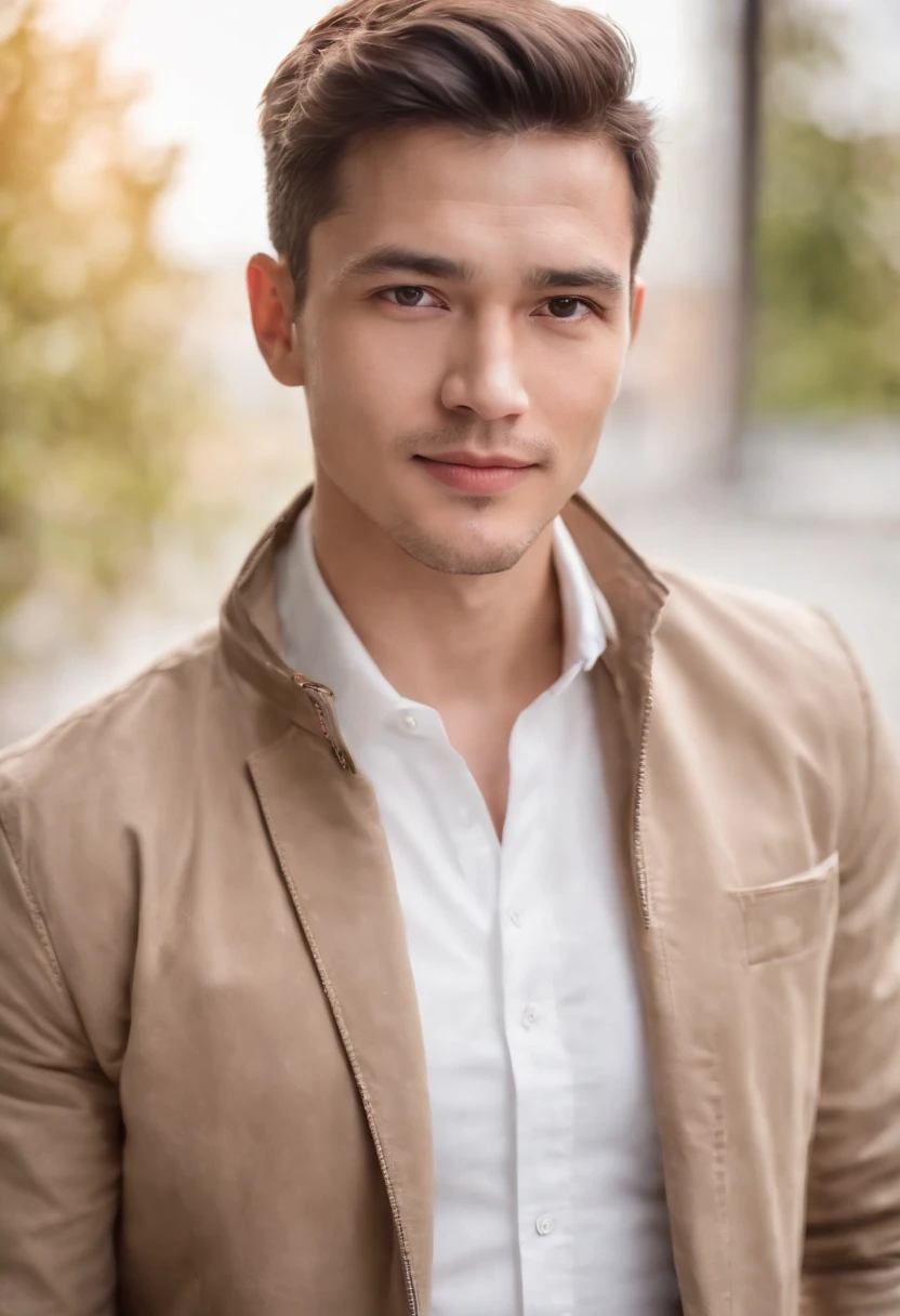 Portrait of handsome man 30 years old round face cinematic appearance、White shirt and jacket、Looking straight ahead at the camera、Gentle expression、Gentle eyes、Brown jacket、Smiling