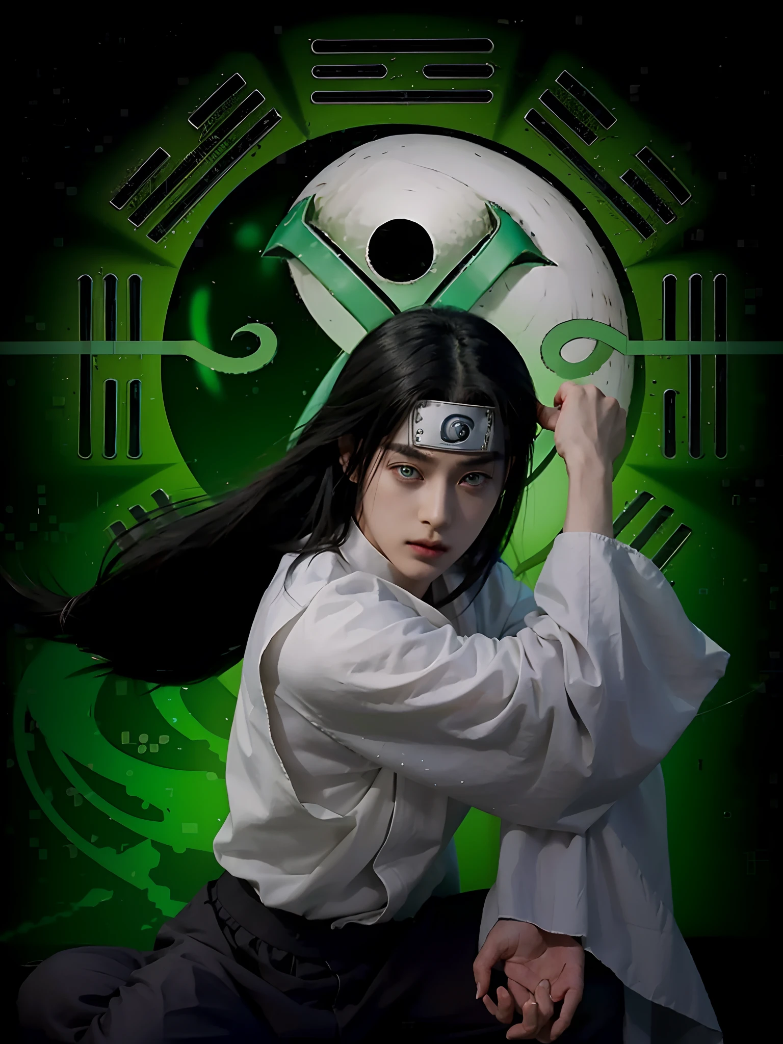 1male, hyuga neji in anime naruto shippuden, long hair , black hair, white light eyes, handsome, white clothes, realistic clothes, detail clothes, beach city background, ultra detail, realistic