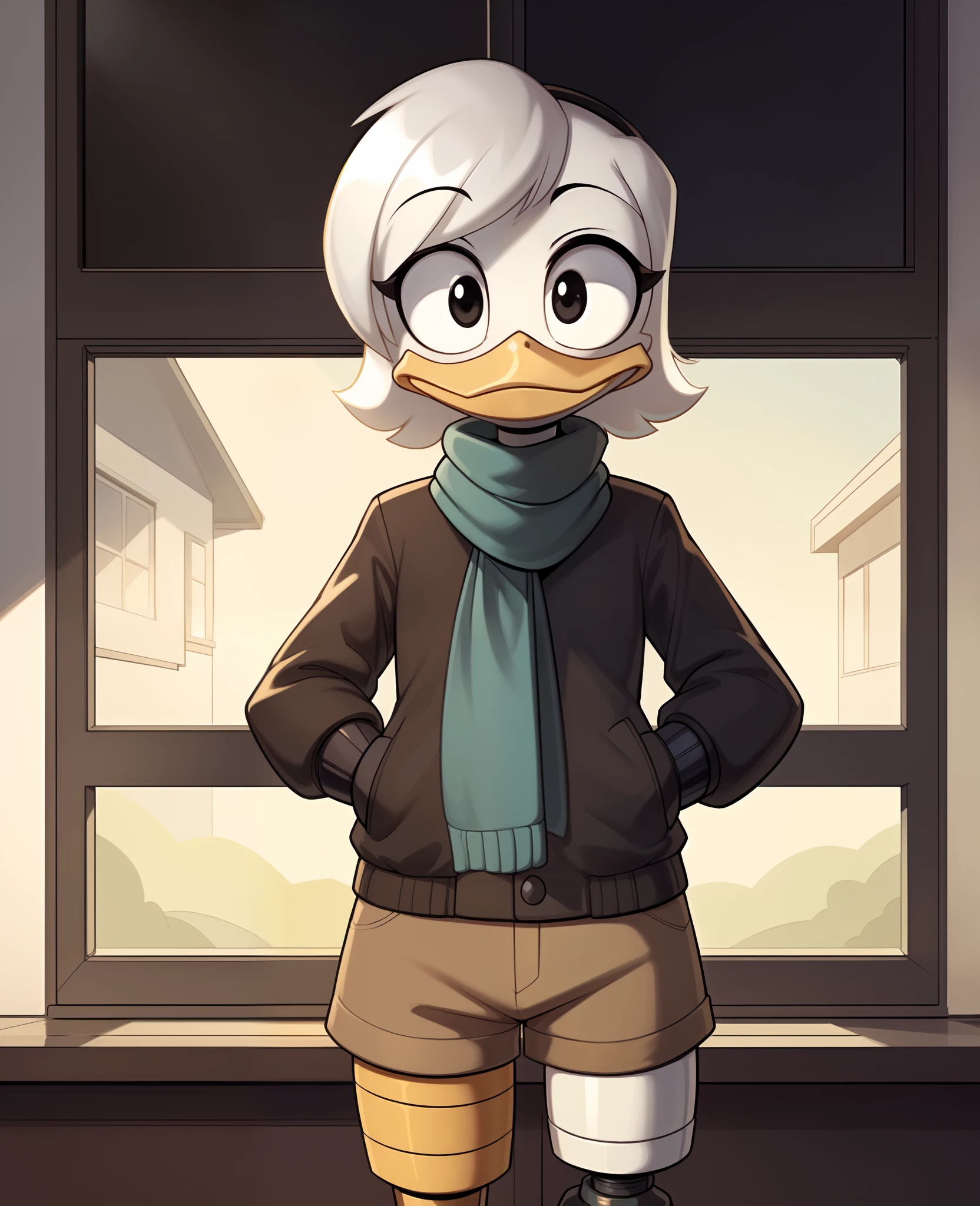 (by ducktales)  (by kyurisawa:1.2) (by chelodoy:1) (by ashraely:1) (anthro duck) (white hands:1.1) (della duck1.2) (white hair) (front view:1.2) (black eyes) (wide eyed) (happy) (clothed, clothing:1.3) (prosthetic leg:1.2) (teal scarf) (brown_flight_jacket) (tan shorts) (collar) (white skin:1.2) (solo:1.1) (inside, window) ( morning:1.3) (portrait)