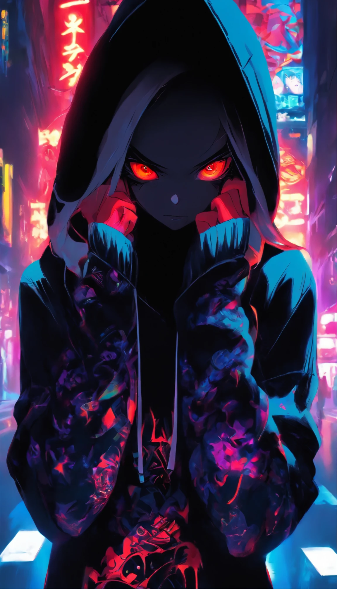 Woman in black hoodie, red eyes, high quality, black light, in the city, on the street, street style, tattoos on the body, white hair