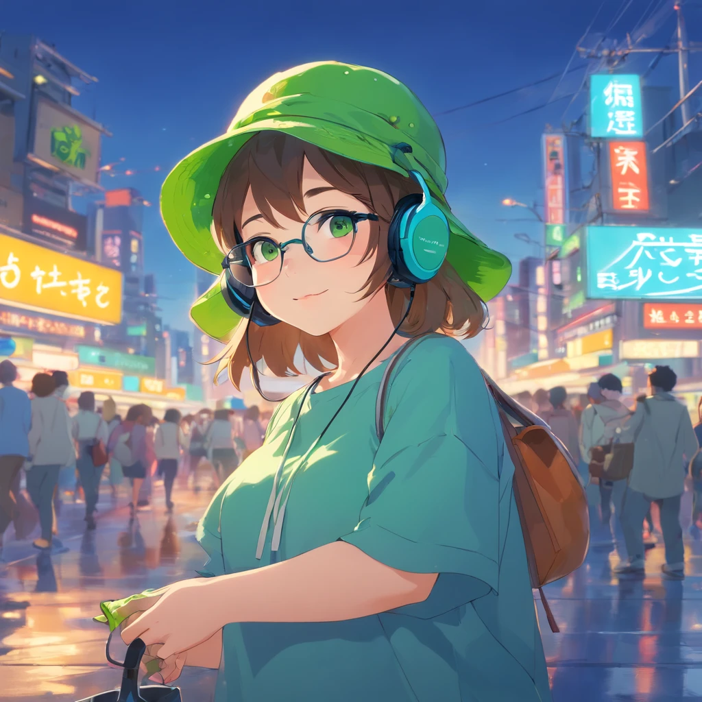 Masterpiece green frog with headphones, fatness、eye glasses、Bucket Hat、ember、Chic、simple