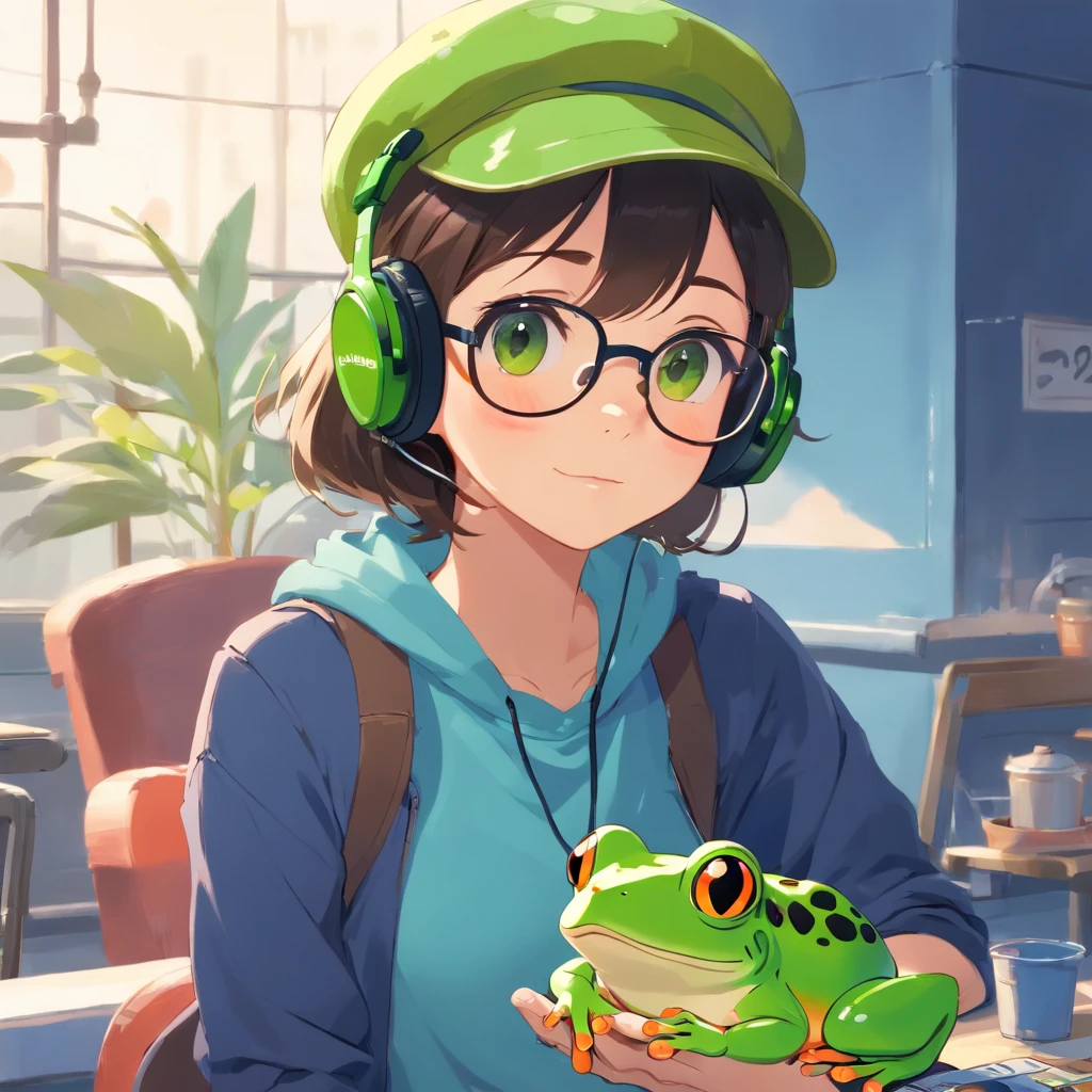 Masterpiece green frog with headphones, fatness、eye glasses、Bucket Hat、ember、Chic、simple