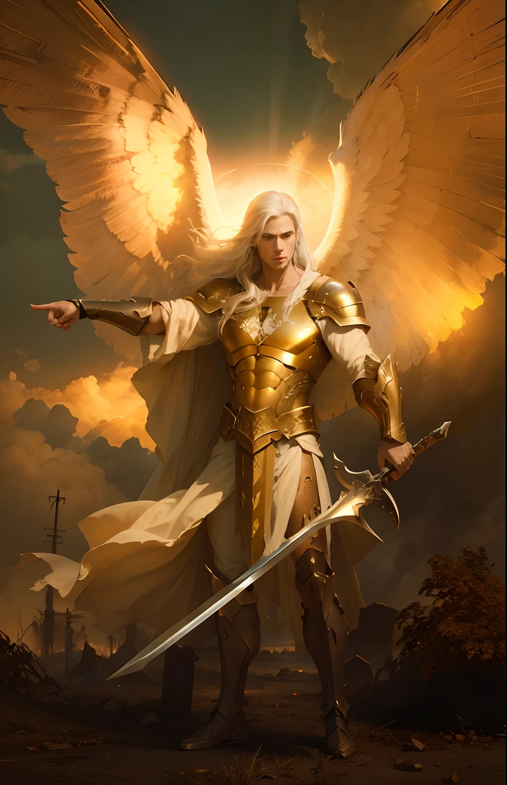 Fearless White Male Angel, pointing right index finger, full body, with avenging great sword, Apocalypse, dooms day, Illustration, cinematic light, high resolution, best quality, ultra detailed, masterpiece,