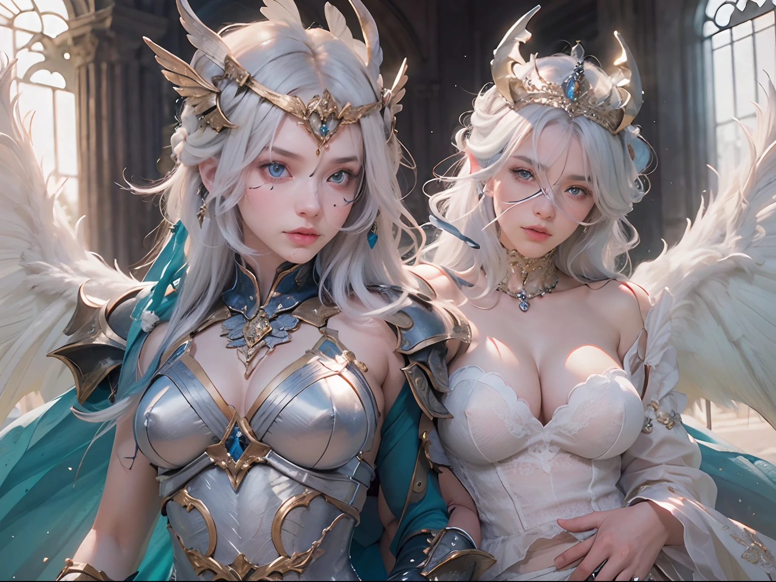 nsfw, 3girls, nude, (masterpiece: 1.4), (8K, realistic, raw photo, best quality: 1.4), skirtlift, strip naked, dragon knight, Valkyrie, nipple areola shape clear, beautiful breasts, Scandinavian girl, beautiful cute face, (real face: 1.4), perfect pussy, beautiful hairstyle, realistic blue eyes, beautiful detail eyes, (real skin: 1.3), angry face, beautiful skin, attractive, ultra high resolution, ultra realistic, cinematic lighting, white colored hair, long hair with tiara, flying in the sky, battle pose