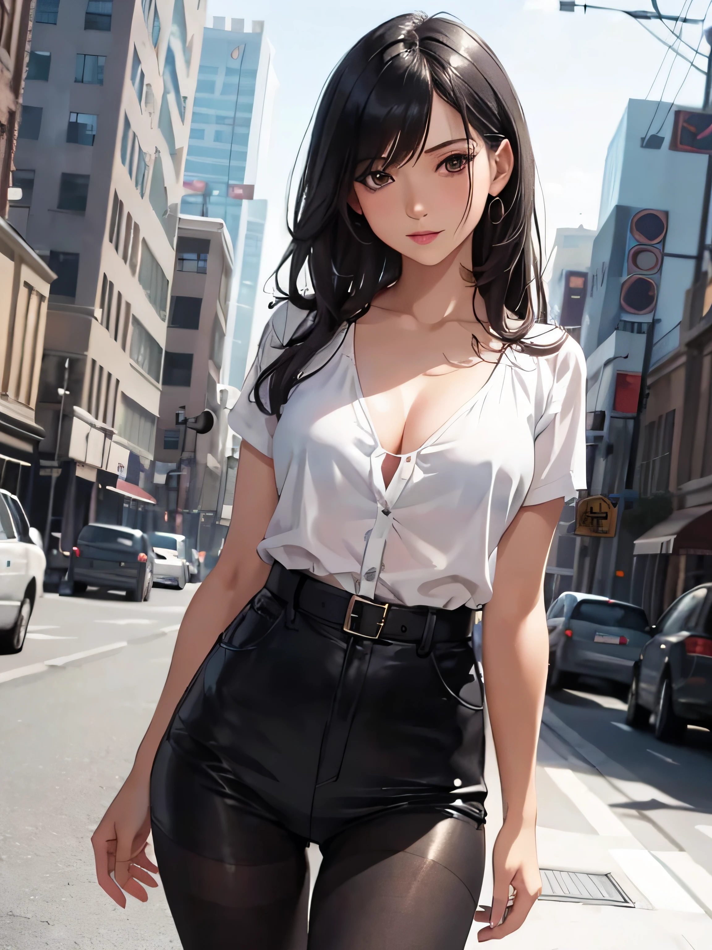 a girl in a low-cut blouse, medium breasts, shorts, pantyhose, flirty look, very well detailed, cityscape or academy, black hair, ((very detailed)), (perfectly detailed face), photorealistic image.