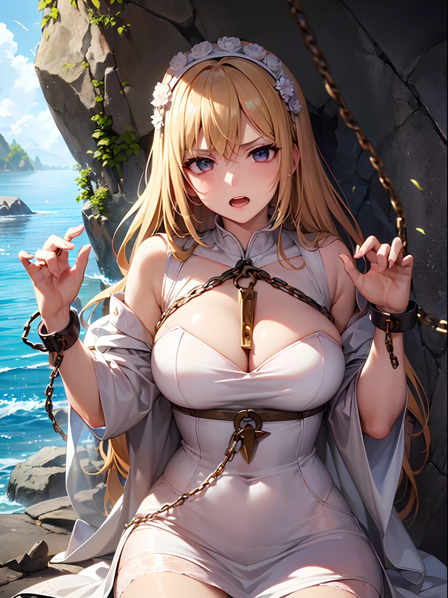 ((Finest quality)),(超A high resolution),(ultra-detailliert),(Meticulous portrayal),((Best Anime)),(Finest works of art),sharpnes,Clair, (One woman chained to a rock:1.4),anguished expression:1.3,a blond, Rough seas:1.3