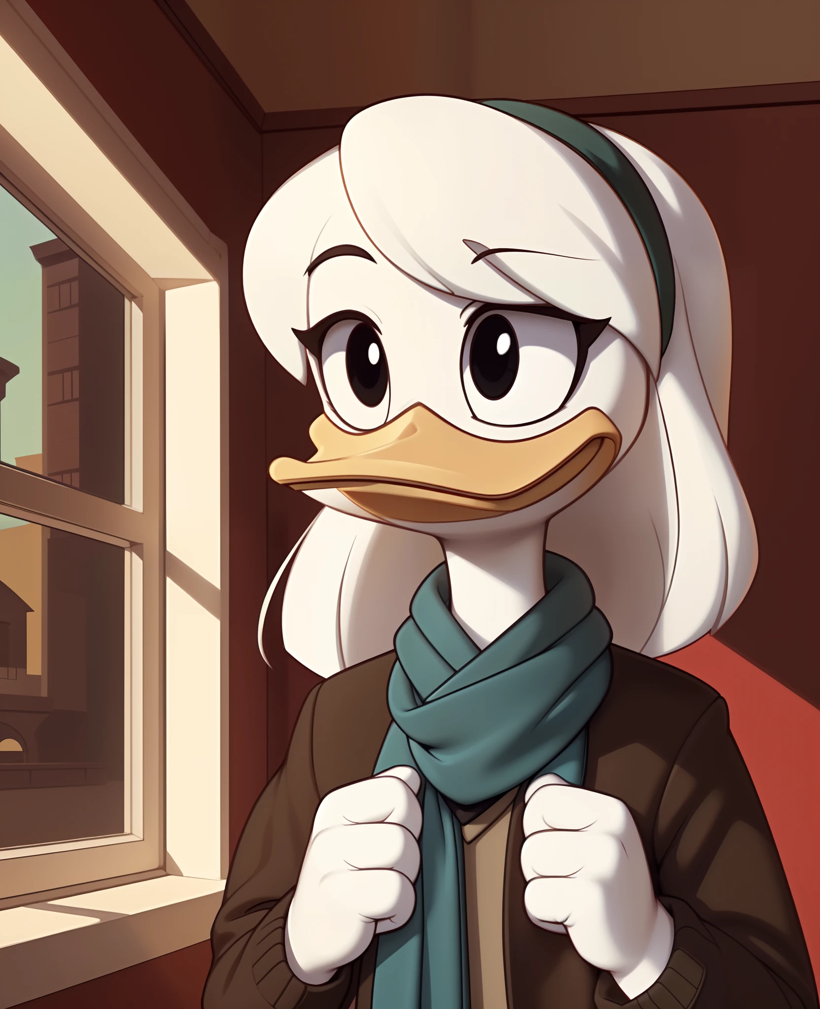 (by ducktales)  (by kyurisawa:1.2) (by chelodoy:1) (by ashraely:1) (anthro duck) (white hands:1.1) (headshot portrait:1.1) (della duck:1.2) (beak) (white hair) (black eyes) (happy) (clothed, clothing:1.3) (teal scarf) (brown_flight_jacket) (collar) (white skin:1.2) (solo:1.1) (mansion, window) ( morning:1.3)