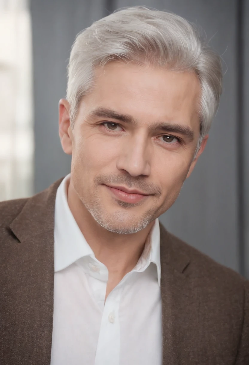 Portrait of handsome man 40 years old round face cinematic appearance、Silver hair、Brown jacket、White button-down shirt、kindly smile、Photography, Male perfection, Black eyes, Hyper realistic, 8K - V 4、50-year-old dandy gentleman、Gentle eyes、Gray hair、Looking straight ahead at the camera、Gentle expression