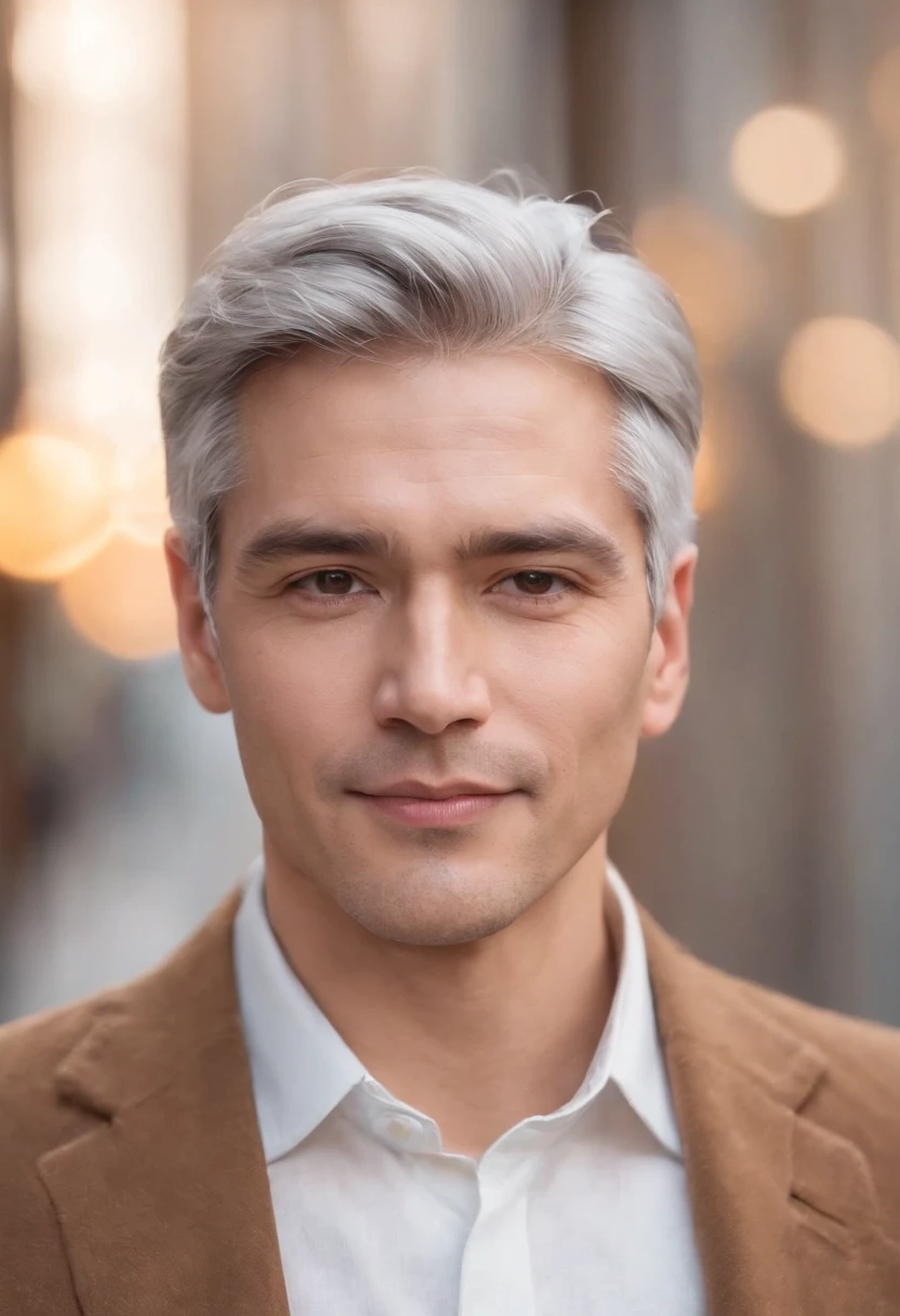 Portrait of handsome man 40 years old round face cinematic appearance、Silver hair、Brown jacket、White button-down shirt、kindly smile、Photography, Male perfection,  Black eyes, Hyper realistic, 8K - V 4、50-year-old dandy gentleman、Gentle eyes、Gray hair、Looking straight ahead at the camera、Gentle expression