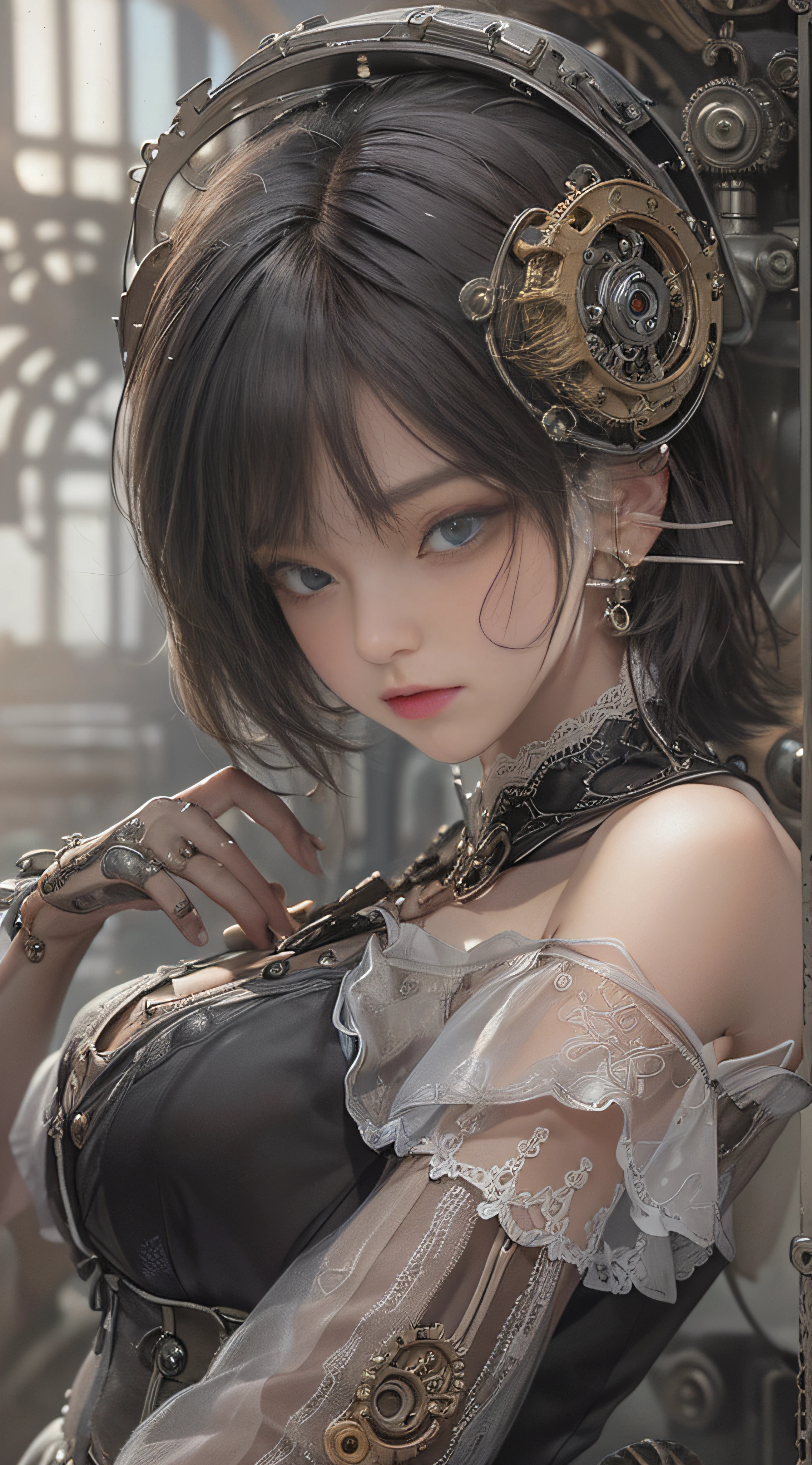 (((Masterpiece, top quality, super detailed))), One female, (((Very Slender body))), (((Long, thin legs))), (((short black bob, thick puffy bangs))), (((very detailed face))), cosmetics-free, small thin nose, small thin-lipped mouth, (((very sharp focused eyes))), big eyes, shimmering eyes, long eyelashes, ((Overly decorative fashion, Very decorative intricate mechanical steampunk fashion, Lace Flared mini skirt, Lace stockings above the knee, Lace Off-shoulder lolita fashion)), The night an abandoned, intricately mechanized steampunk factory burns and explodes, (((overall accuracy has improved dramatically, creating a super detailed and realistic image))), Super realistic photo.