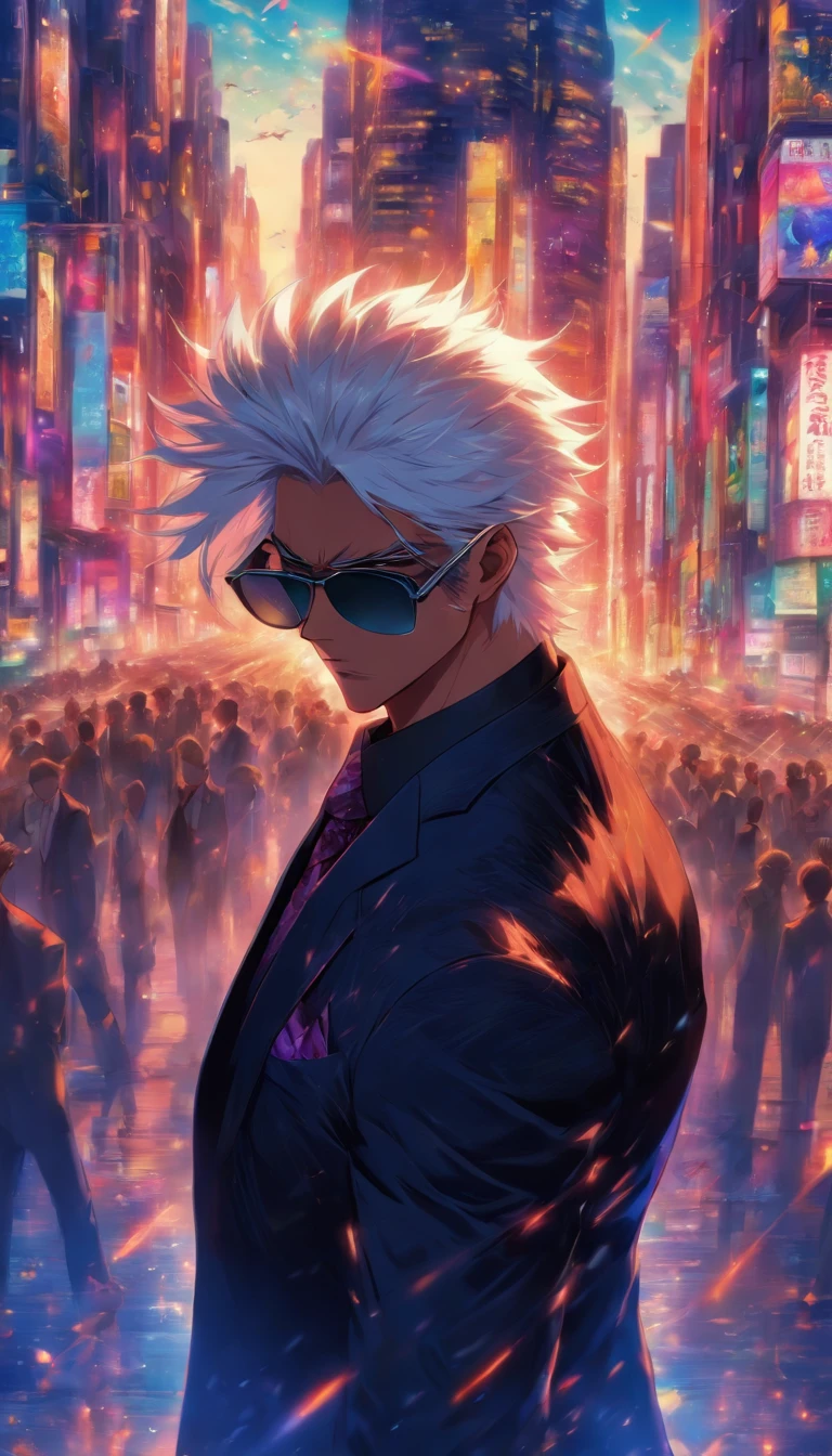 Man wearing sunglasses, black suit, white hair, in the middle of the city, straight hair