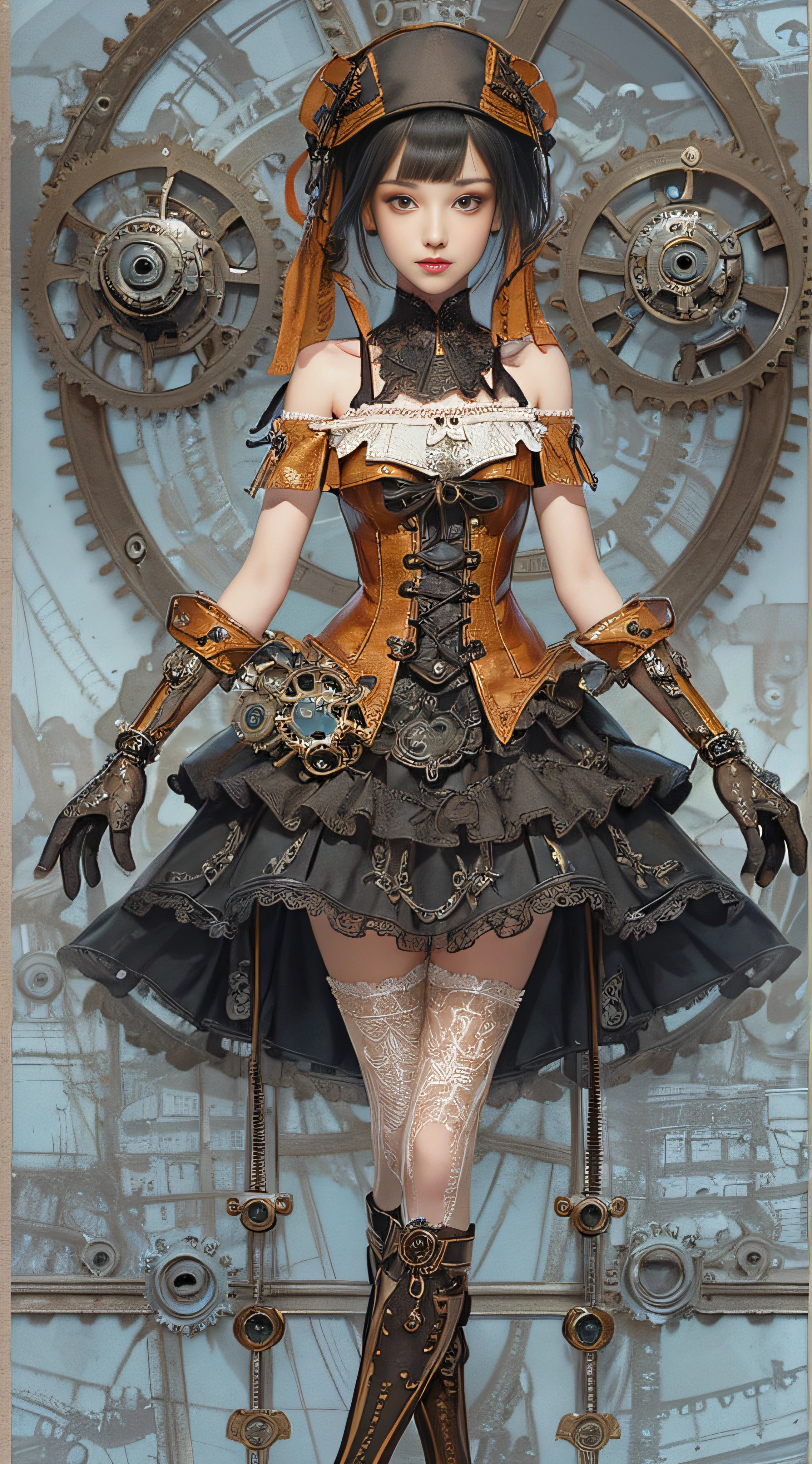 (((Masterpiece, top quality, super detailed))), One female, (((Very Slender body))), (((Long, thin legs))), (((short black bob, thick puffy bangs))), (((very detailed face))), cosmetics-free, small thin nose, small thin-lipped mouth, (((very sharp focused eyes))), big eyes, shimmering eyes, long eyelashes, ((Overly decorative fashion, Very decorative intricate mechanical steampunk fashion, Lace Flared mini skirt, Lace stockings above the knee, Lace Off-shoulder lolita fashion)), The night an abandoned, intricately mechanized steampunk factory burns and explodes, (((overall accuracy has improved dramatically, creating a super detailed and realistic image))),  Super realistic photo.
