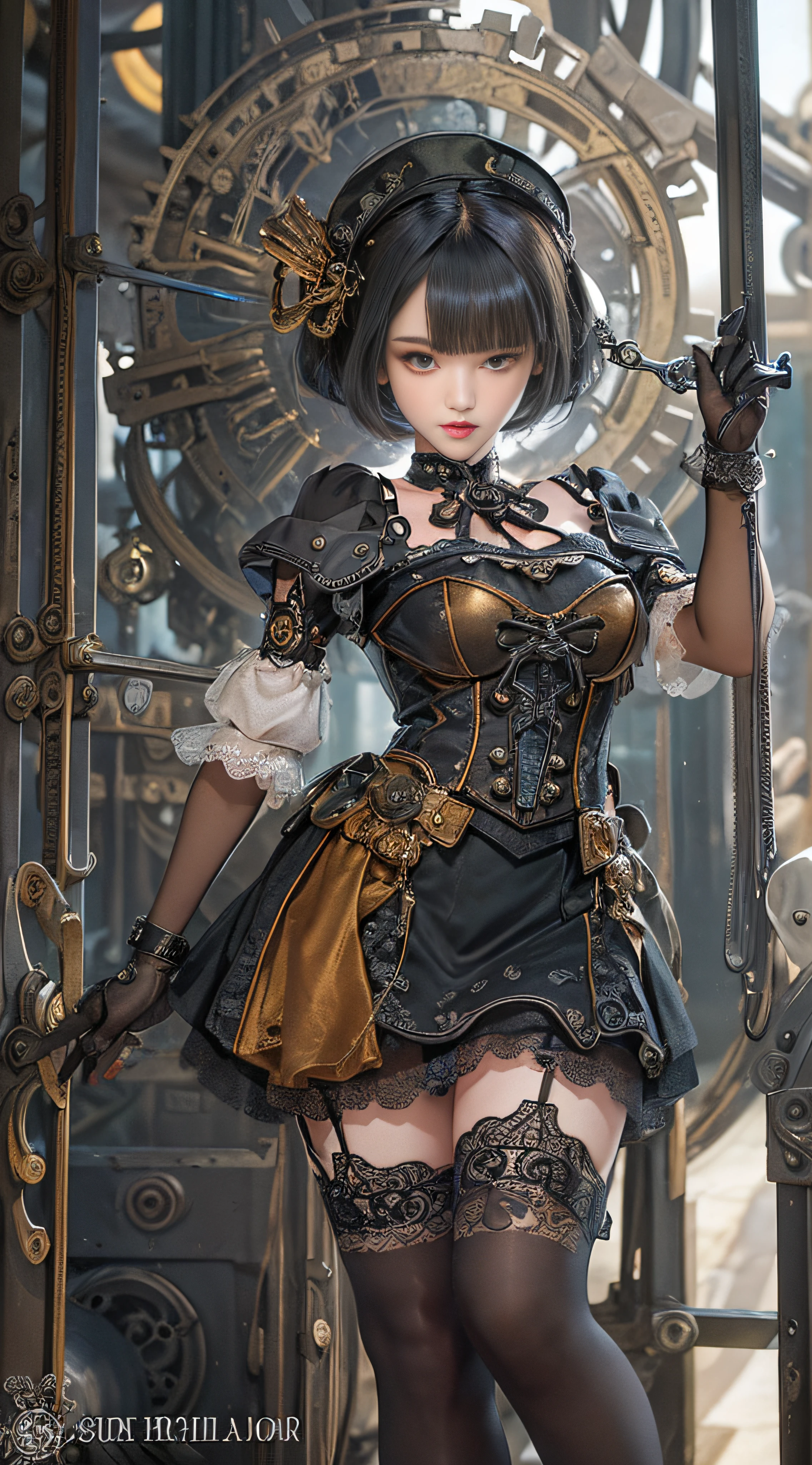 (((Masterpiece, top quality, super detailed))), One female, (((Very Slender body))), (((Long, thin legs))), (((short black bob, thick puffy bangs))), (((very detailed face))), cosmetics-free, small thin nose, small thin-lipped mouth, (((very sharp focused eyes))), big eyes, shimmering eyes, long eyelashes, ((Overly decorative fashion, Very decorative intricate mechanical steampunk fashion, Lace Flared mini skirt, Lace stockings above the knee, Lace Off-shoulder ta fashion)), The night an abandoned, intricately mechanized steampunk factory burns and explodes, (((overall accuracy has improved dramatically, creating a super detailed and realistic image))), Super realistic photo.