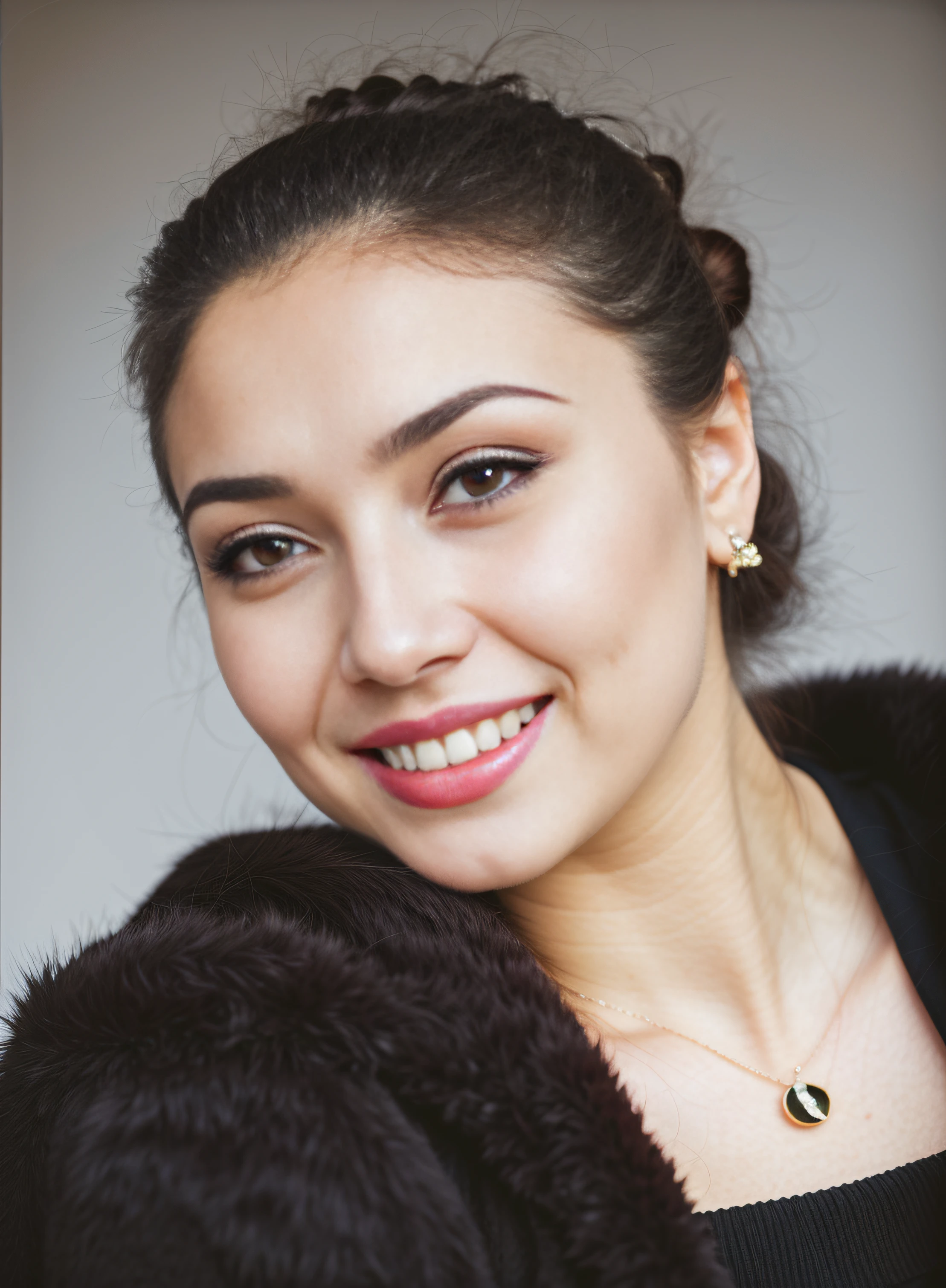 There is a woman who smiles and wears a black jacket, Foto de retrato realista, Retrato de alta calidad, Editado en Photoshop, Khyzyl Saleem, Retrato detallado, portrait realistic photograph, Anastasia Ovchinnikova, Alina Ivanchenko, Emperatriz kazaja, sofya emelenko, Retrato profesional en primer plano, Retrato en color, Retocado en Photoshop