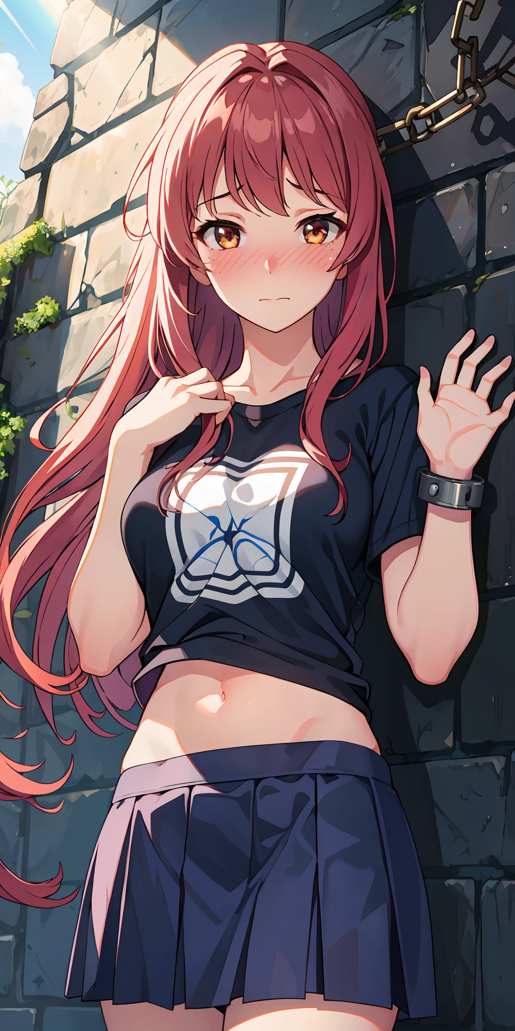 Realistic, outdoor, 1wall, wide angle,1girl, long hair, shy, embarrassed, blushed, wide angle, POV, from below, casual clothes, hands up, shackled hands, hands chained on wall, leaning on wall, t-shirt, skirt, navel, light rays, glow, (masterpiece), wallpaper