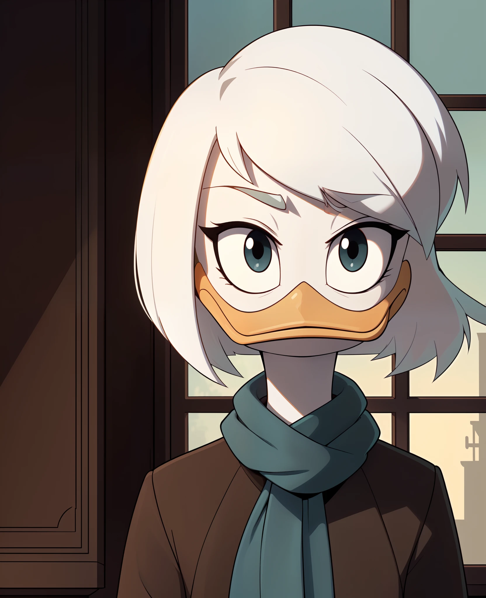 (by ducktales)  (by kyurisawa:1.2) (by chelodoy:1) (by ashraely:1) (anthro duck) (white hands:1.1) (headshot portrait:1.1) (della duck:1.2) (beak) (white hair) (black eyes) (happy) (clothed, clothing:1.3) (teal scarf) (brown_flight_jacket) (collar) (white skin:1.2) (solo:1.1) (mansion, window) ( morning:1.3)