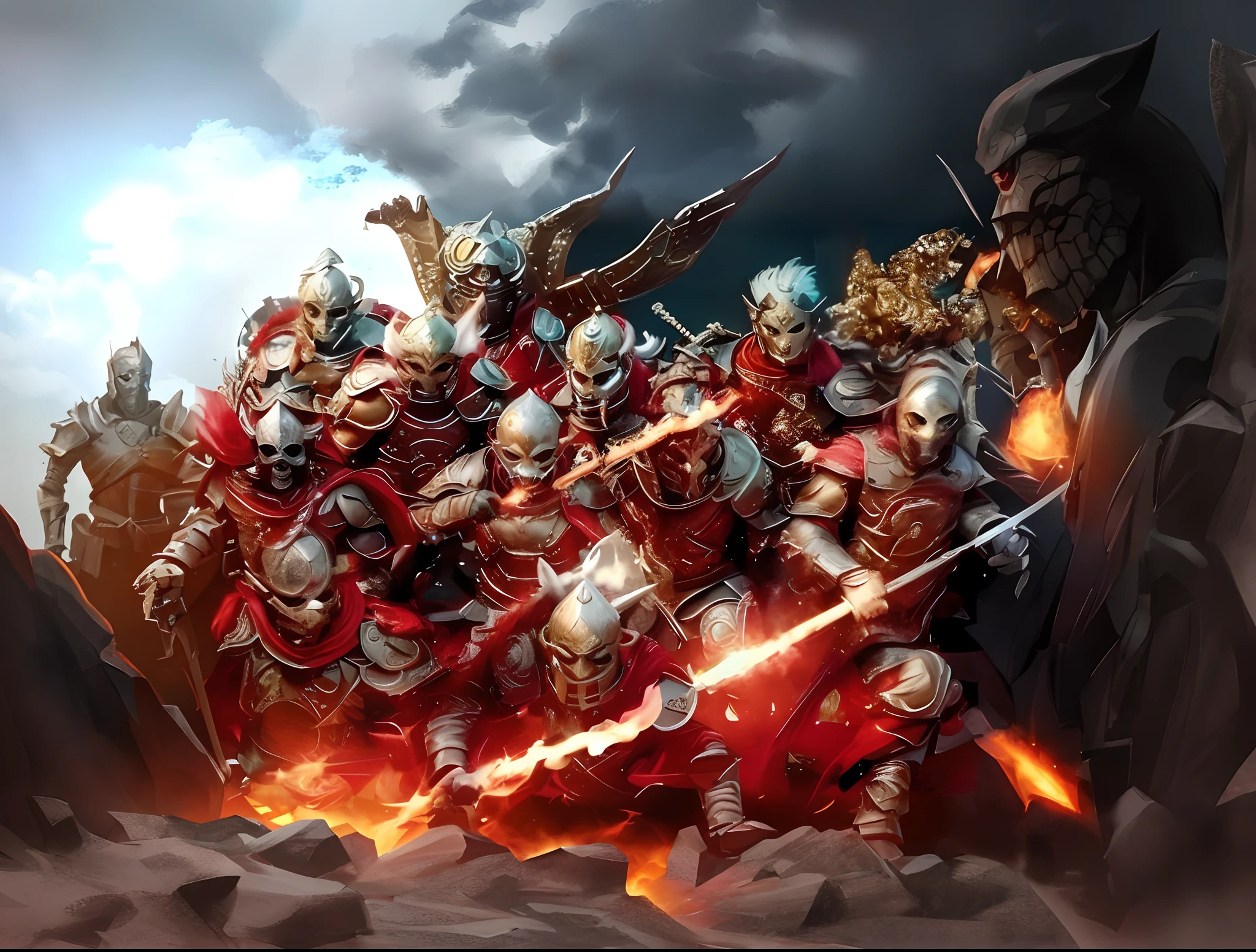 there are many people dressed in armor and holding swords, warforged, epic fantasy digital art style, guildwar artwork, unreal engine fantasy art, epic fantasy digital art, fighting fantasy army, d & d fantasy digital art, fantasy epic digital art, undead soldiers in background, epic fantasy art style hd, epic fantasy game art, wretched and corrupted knights