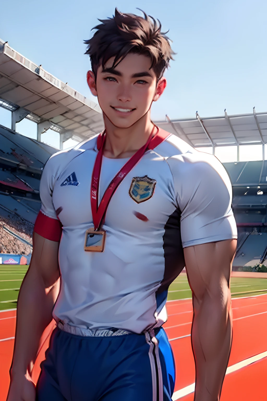 masterpiece,best quality, (A 16-year-old tall boy with a well-developed physique:1.2), (Kneeling upright on the campus grass:1.2),（Men's basketball uniform）,(Broad shoulders),Muscular shoulders，（Extremely strong body），Attractive and fit body，Inverted triangle figure，Biceps，Highlight muscle texture，Frontal heads-up lens， Muscular body，Small head，Handsome and cute face，V-Shaped Face，Perfectly detailed facial features,sports shoes，Looking at the camera，An innocent expression，leaning back,head tilt, happy, very short hair, brown hair,(looking at viewer:1.2)，Wide-angle lens