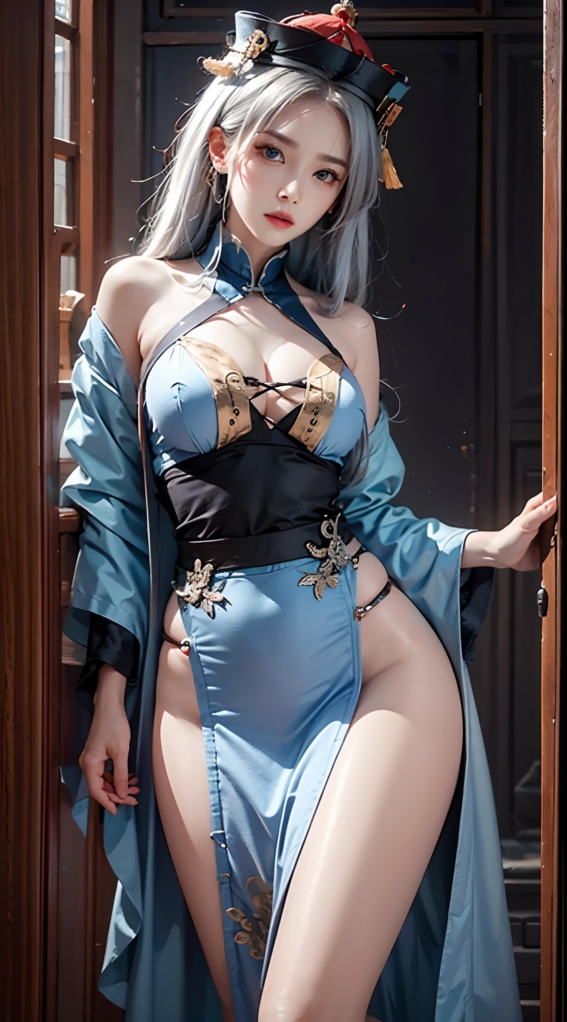 photorealistic, masterpiece, high resolution, soft light, mature female, silver hair, blue eyes, hips up, jewelry, jiangshi, qing_guanmao, breast curtains, ofuda, china dress,qing guanmao,shibari