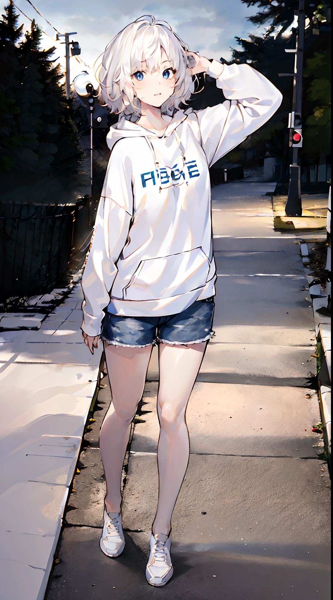 Masterpiece1.2),best quality, 8k))),1 girl , adult, messy hair,short hair,white hair,wolfcut,blue eyes,white Hoodie,shorts , , half body portrait,dynamic pose , adult, night, beautiful light, high environmental detail