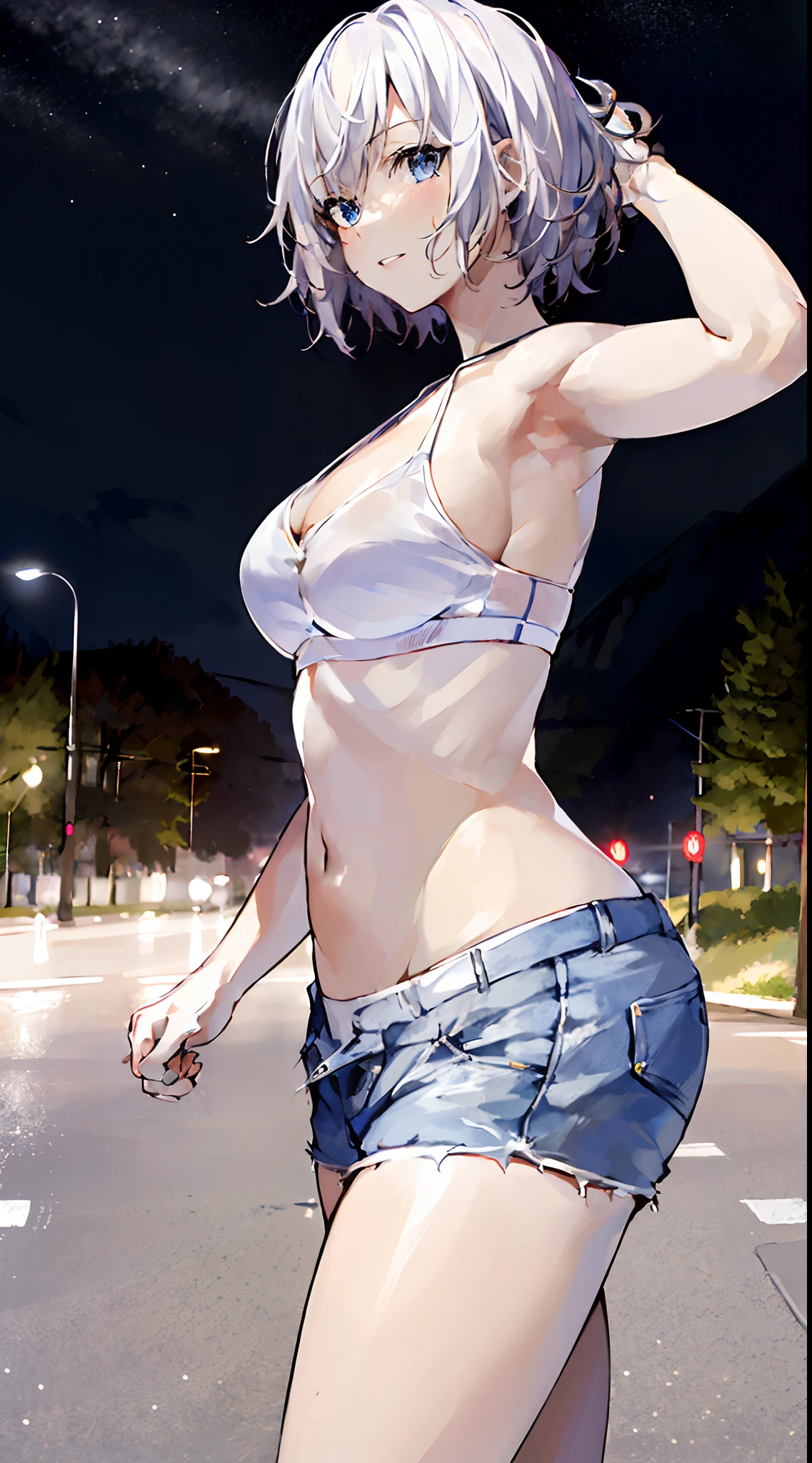 Masterpiece1.2),best quality, 8k))),1 girl , adult, messy hair,short hair,white hair,wolfcut,blue eyes,white Hoodie,shorts , , half body portrait,dynamic pose , adult, night, beautiful light, high environmental detail