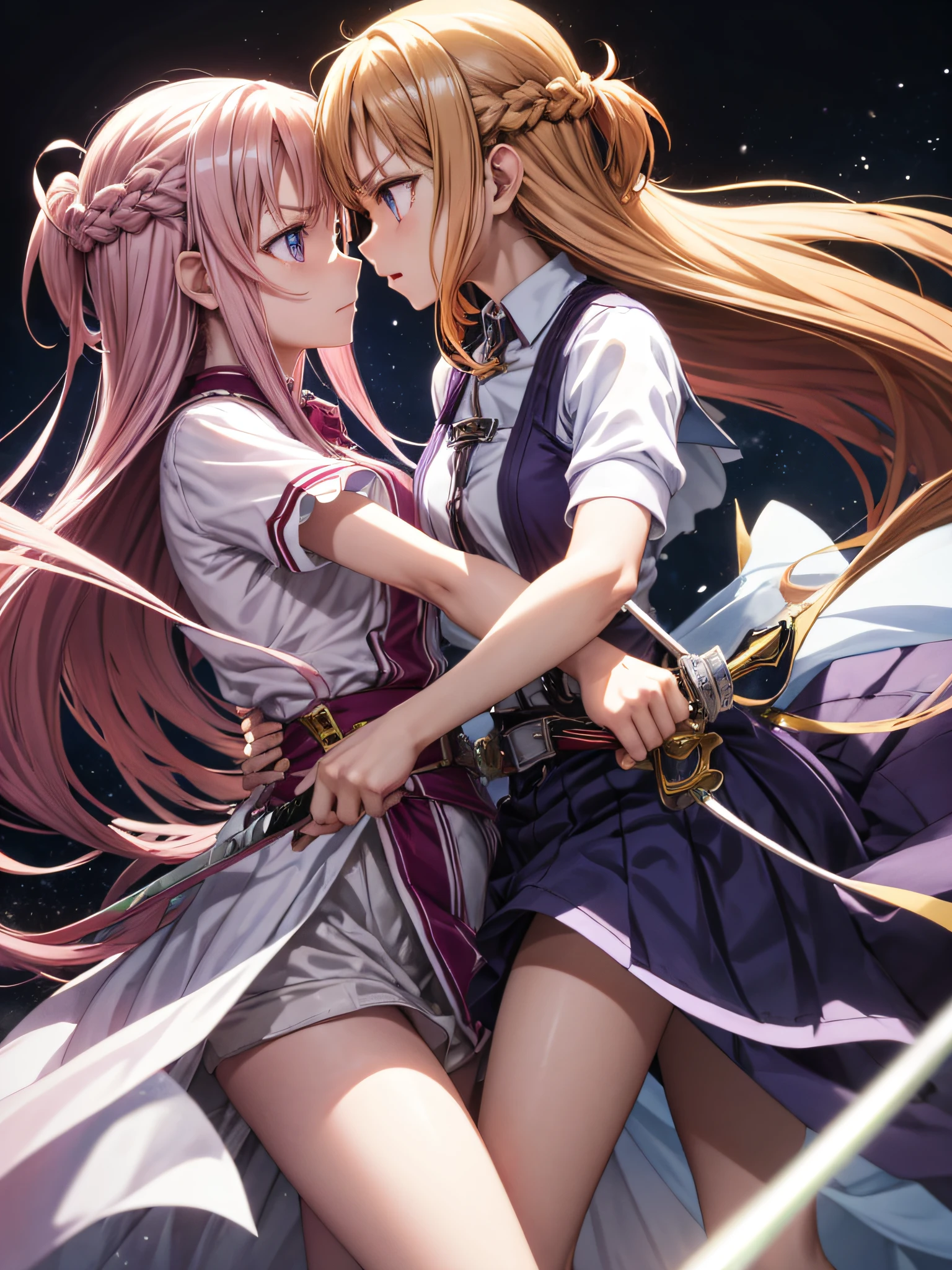 Two anime characters fighting with swords,alice、best pictures,Yuuki Asuna , super precision, The sword、[[Alice confronts Asuna with her sword:1.20]]、[3D images:1.35]、[[In high-quality anime、Cute Asuna with brown hair and brown eyes:1.15]]、Facing、(\Alice fell into the darkness with purple hair and purple eyes\),[[Attractive eyes,A detailed eye、radiant eyes, Colorful eyes:1.15]、fight pose, heroically battle posing, anime fight, Styling images, Complex sword fighting poses, facing off in a duel, duel, Sword fighting,,　Two whole、zoom out angle、Kawaii Girl