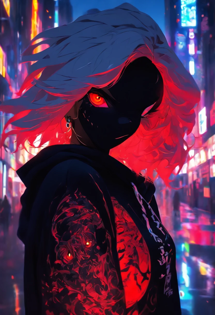 Woman in black hoodie, red eyes, high quality, black light, in the city, on the street, street style, tattoos on the body, white hair