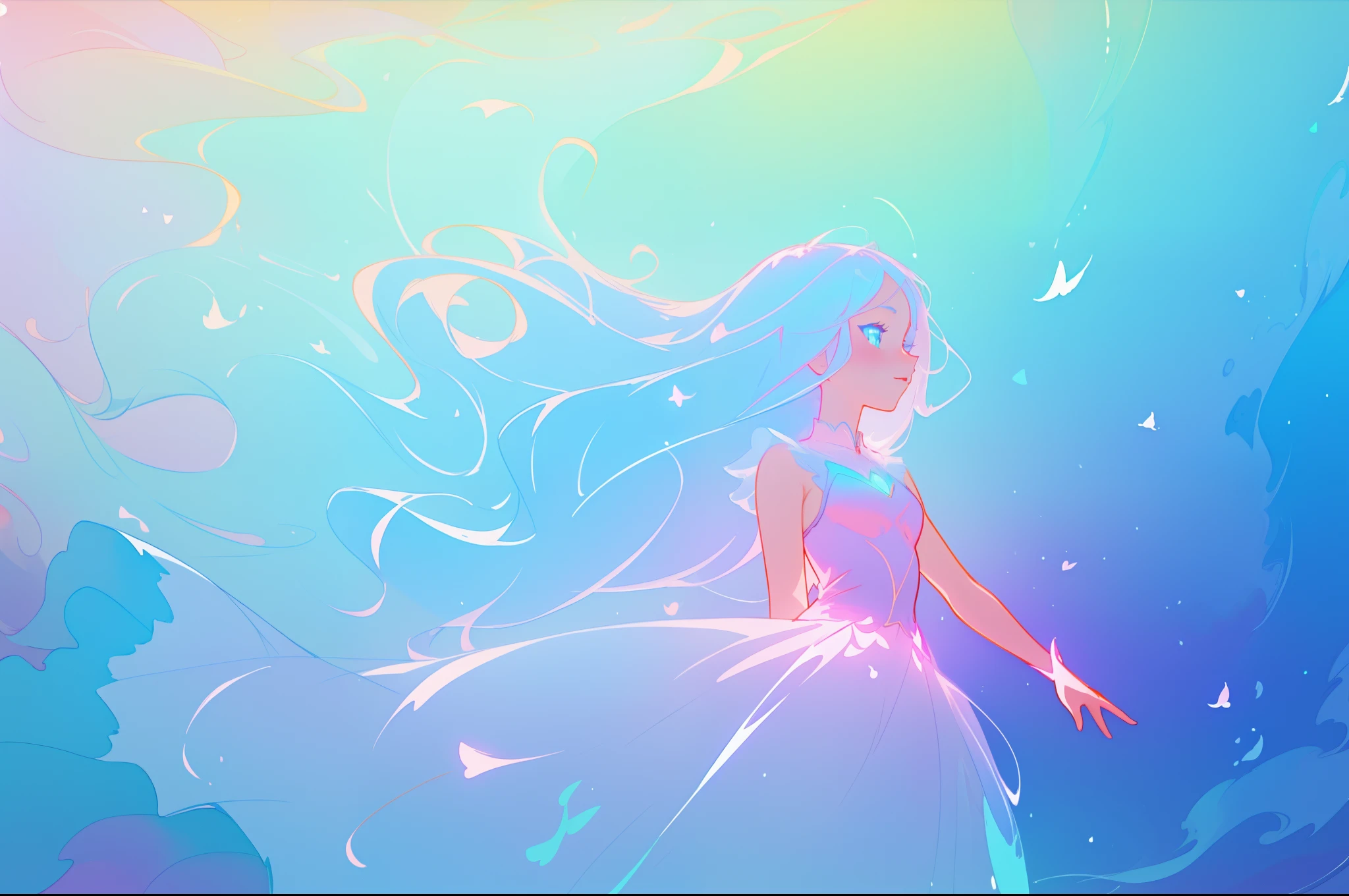 beautiful anime girl in glowing intricately designed ballgown, inspired by Glen Keane, inspired by Lois van Baarle, disney art style, by Lois van Baarle, glowing aura around her, by Glen Keane, jen bartel, glowing lights! digital painting, flowing glowing hair, glowing flowing hair, beautiful digital illustration, fantasia background, whimsical, magical, fantasy, beautiful face, ((masterpiece, best quality)), intricate details, highly detailed, sharp focus, 8k resolution, sparkling detailed eyes, liquid watercolor