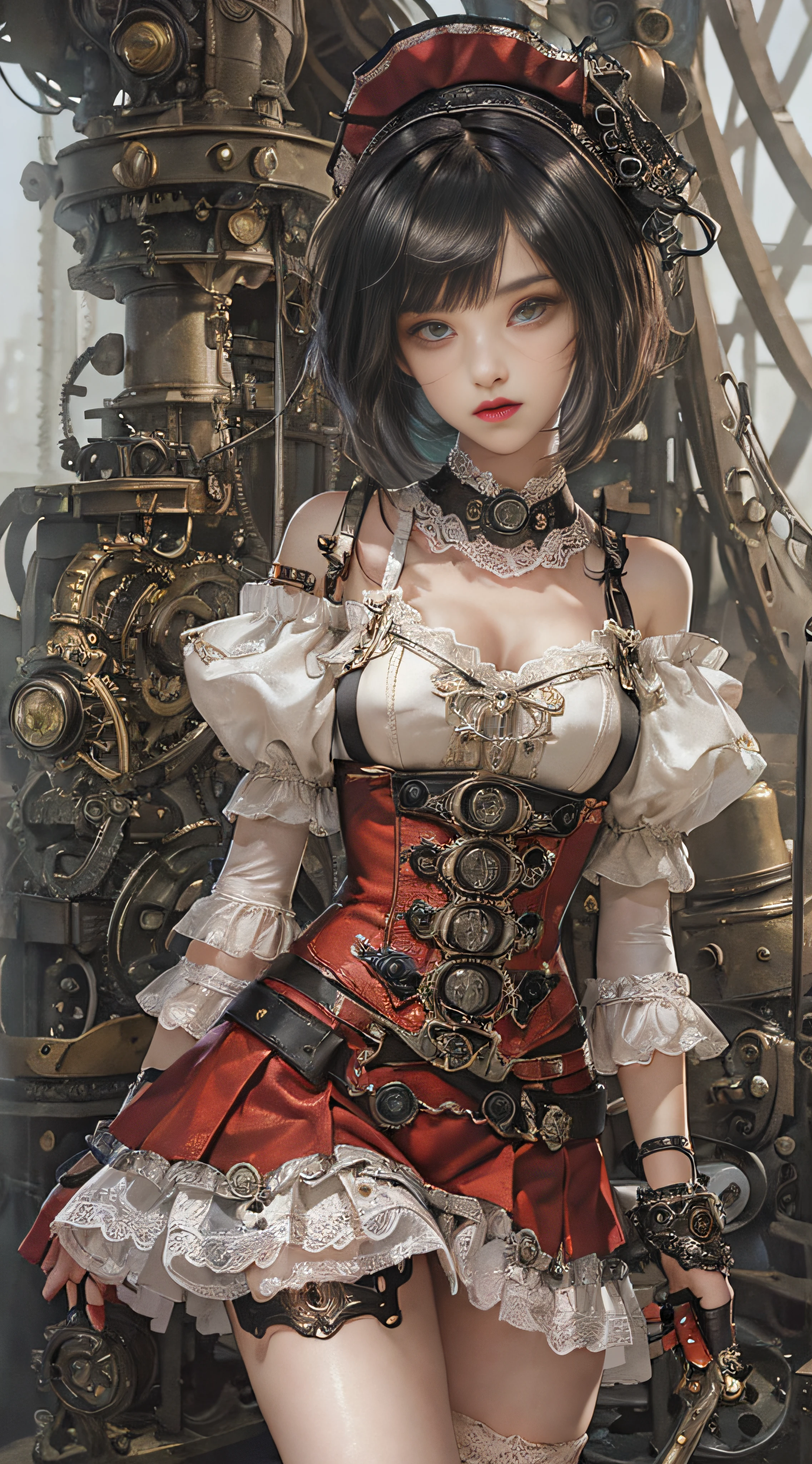 Sexy 21 year old cool Korean posing in red cheongsam and black garter, chinese clothes,, The beauty of steampunk anime, a steampunk beautiful goddess, Jeizuo, magnifica, viewer, Realistis, Full body camera view, Kneeling, Squatting, Bold, tall, Forced real water, See-through mini shirt with less white fabric, White see-through string, Less steampunk, Very detailed, Beautiful eyes of cosplay details, long eyelashes, Nice double eyelids, eye shadow, Narrow eyes, Three white eyes, Dark Eye Makeup, Evil smile, Thin, Beautiful legs, Tie short hair back, Bad face, Rolling eyes, Blushing, water running in mouth, Sticky tongue, Vaginal orchid, Vaginal discharge, Squirting, (((Very small breasts))), Grasp your breasts with both hands, Spread legs, sexual excitement, Sex Expressions, Bare skin