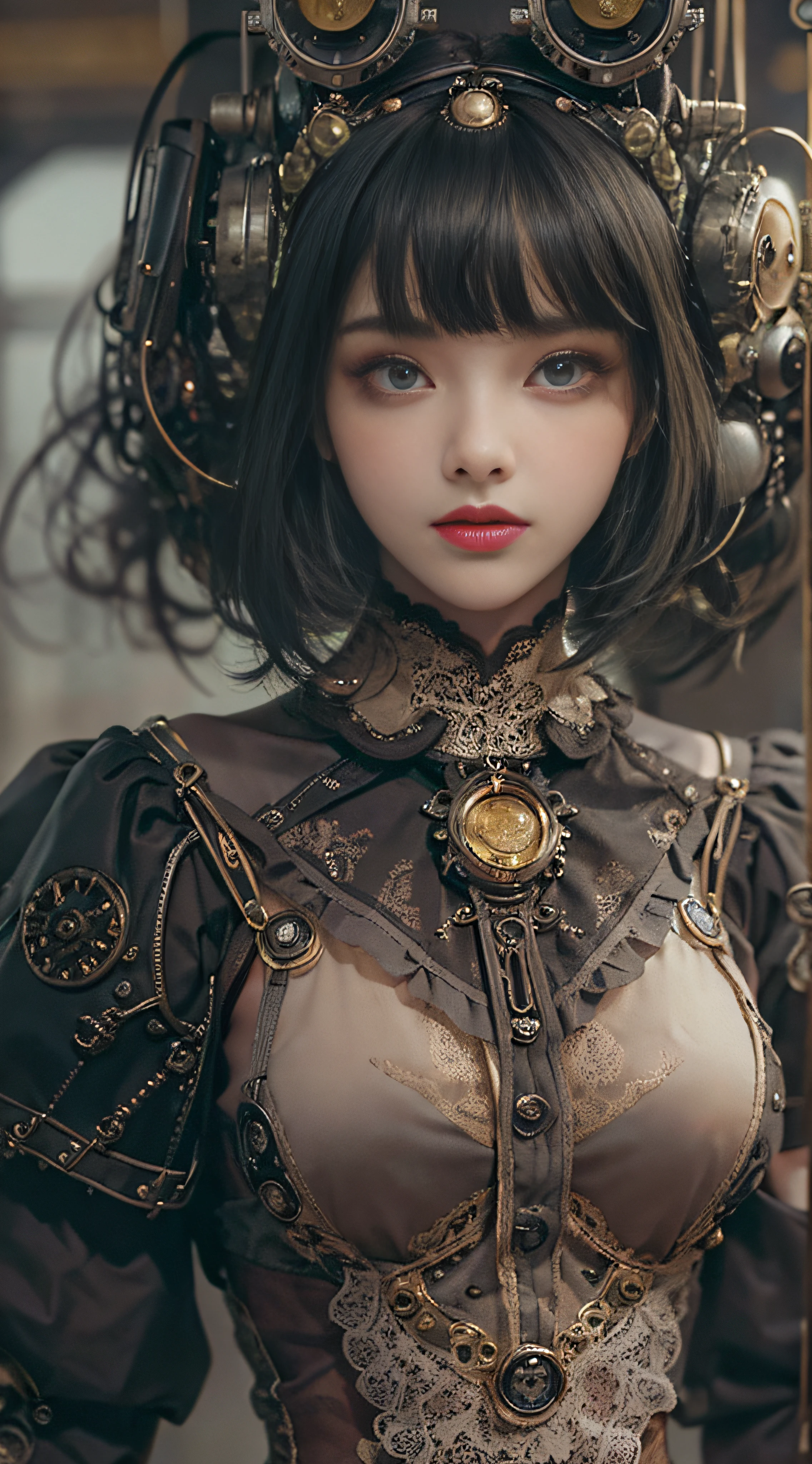 (((Masterpiece, top quality, super detailed))), One female, (((Very Slender body))) , (((Long, thin legs))), (((short black bob, thick puffy bangs))), (((very detailed face))), cosmetics-free, small thin nose, small thin-lipped mouth, (((very sharp focused eyes))), big eyes, shimmering eyes, long eyelashes, ((Overly decorative fashion, Very decorative intricate mechanical steampunk fashion, Lace Flared mini skirt, Lace stockings above the knee, Lace Off-shoulder ta fashion)), The night an abandoned, intricately mechanized steampunk factory burns and explodes, (((overall accuracy has improved dramatically, creating a super detailed and realistic image))), Super realistic photo.