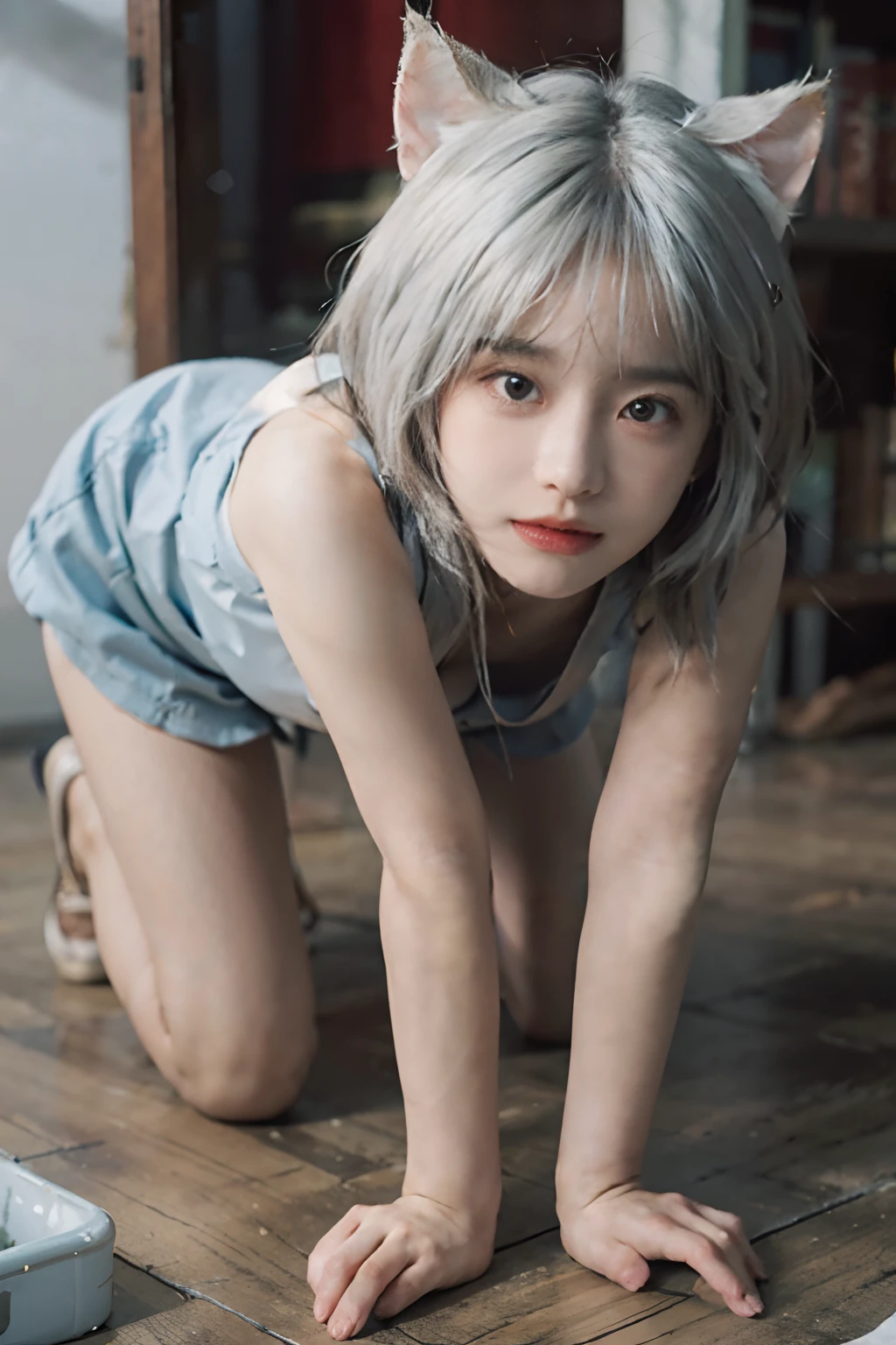 8K,NSFW、 (Being on all fours)、White hair、Best Quality, masutepiece, Ultra High Resolution, (Realism: 1.4), Original photo, Colors inspired by red、(True skin texture: 1.3), (Film grain: 1.3), Beautiful eyes and face details, shorten the head、masutepiece, Best Quality, close up, Full body, Look at the viewer,Blue Ribbon、White bob cut、18year old、White cat ears