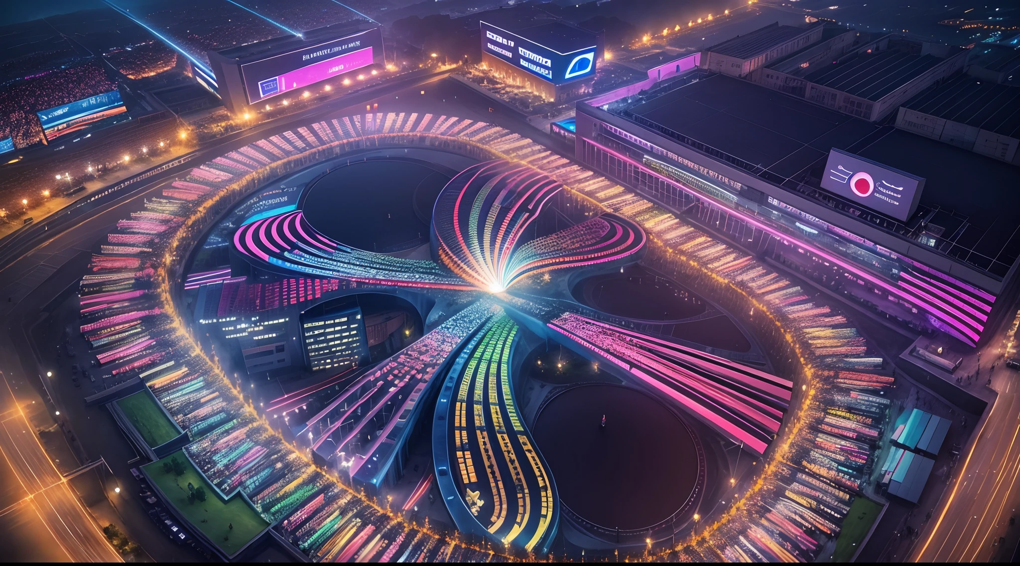 Aerial view of the opening ceremony of the Asian Games, Mesmerizing drone light show, Vibrant colors, Impressive formation, Synchronize motion, stunning visuals, immersive experience, Entice your audience, Cutting-edge technology, Perfect execution,