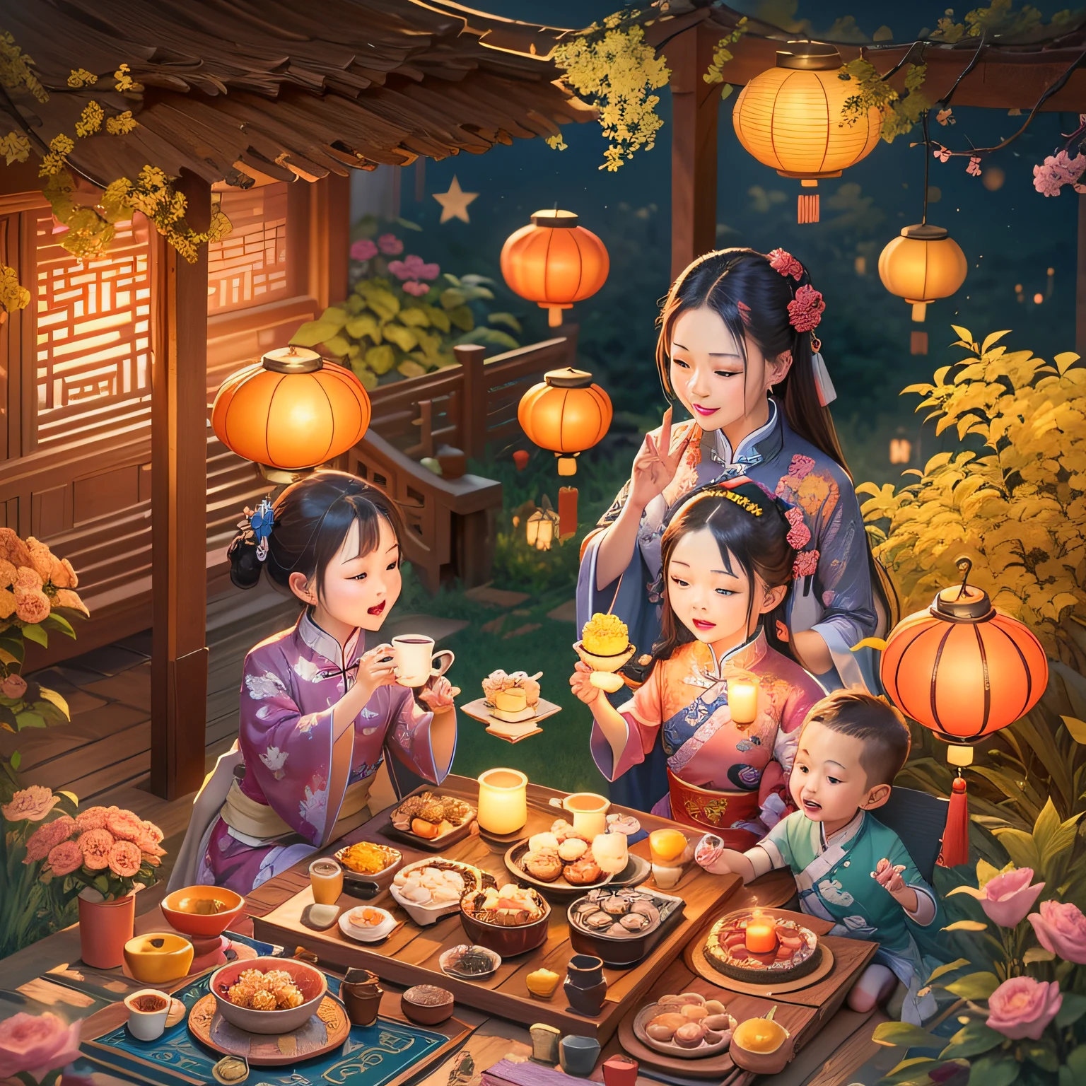 Have a picnic in the moonlight,Fun family gathering,Bonding moments,Delicious mooncakes,Bright full moon,glistening stars,Beautiful garden,colorful flower,Traditional lanterns,Caring family members,Enjoy the cool night breeze,Traditional Chinese music,laughter and joy,Decorate mooncake boxes,The smell of freshly brewed tea,Peaceful and relaxing atmosphere,(Chubby Full Moon),Traditional Chinese jewelry,Traditional Chinese costumes,Share stories and memories,Happy kids playing games,Decorate tea sets and cups,Traditional Chinese calligraphy,serenity and calm,Traditional Chinese pottery and porcelain,Admire the beauty of nature,Traditional Chinese paper-cutting crafts,Savor the sweetness of mooncakes,Soft twinkling candlelight,Family bonds and love,Lantern-lit paths,Round and golden mooncakes,Cheers and toasts,Playful lantern riddles,Colorful colorful、Intricate Chinese knots,Paper lanterns floating in the air,dynamic and lively atmosphere,A wide variety of mooncakes,Traditional Chinese music plays softly in the background,Traditional Chinese tea ceremony,Peaceful and harmonious atmosphere