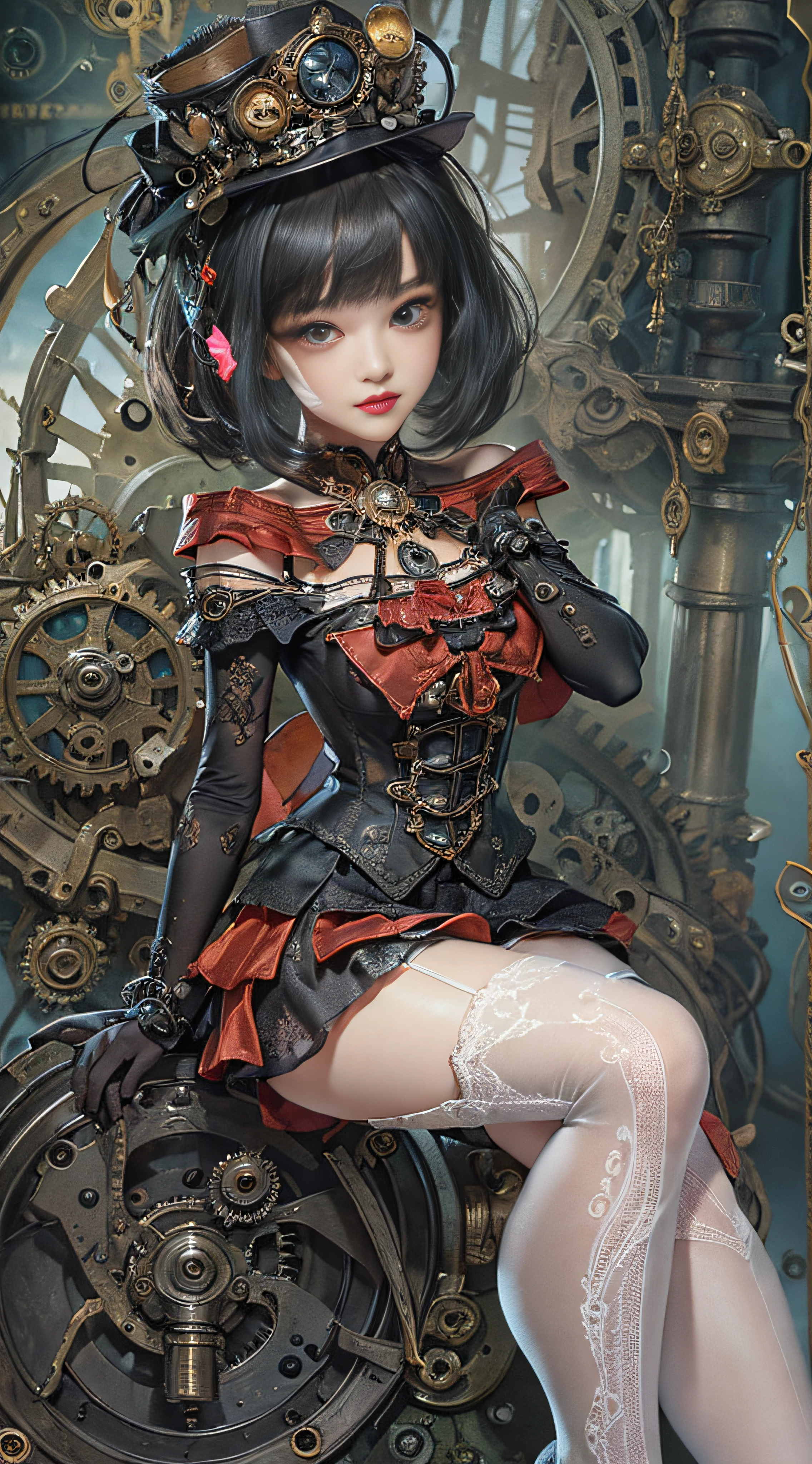 (((Masterpiece, top quality, super detailed))), One female, (((Very Slender body))) , (((Long, thin legs))), (((short black bob, thick puffy bangs))), (((very detailed face))), cosmetics-free, small thin nose, small thin-lipped mouth, (((very sharp focused eyes))), big eyes, shimmering eyes, long eyelashes, ((Overly decorative fashion, Very decorative intricate mechanical steampunk fashion, Lace Flared mini skirt, Lace stockings above the knee, Lace Off-shoulder ta fashion)), The night an abandoned, intricately mechanized steampunk factory burns and explodes, (((overall accuracy has improved dramatically, creating a super detailed and realistic image))), Super realistic photo.