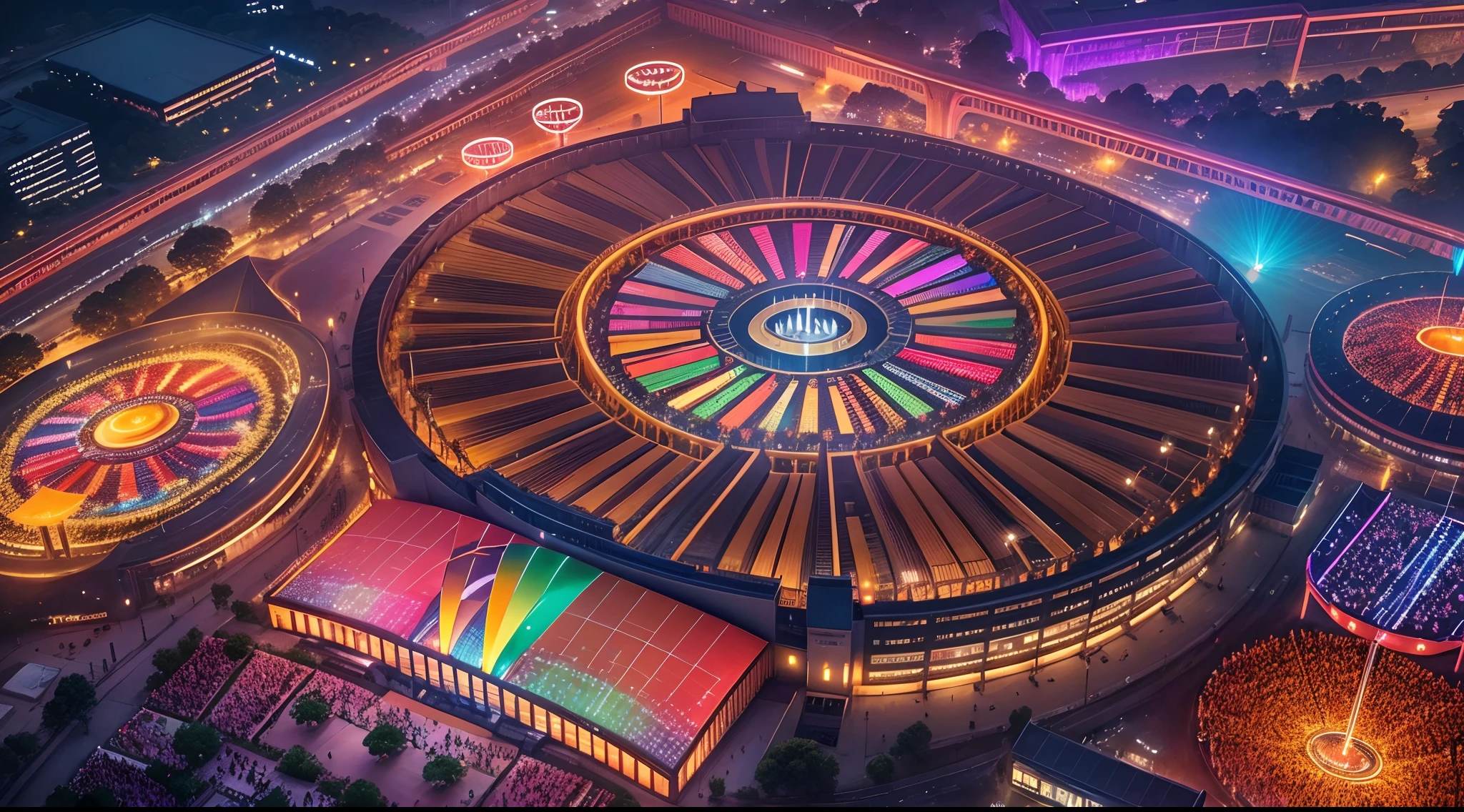Aerial view of the opening ceremony of the Asian Games, Mesmerizing drone light show, Vibrant colors, Impressive formation, Synchronize motion, stunning visuals, immersive experience, Entice your audience, Cutting-edge technology, Perfect execution,