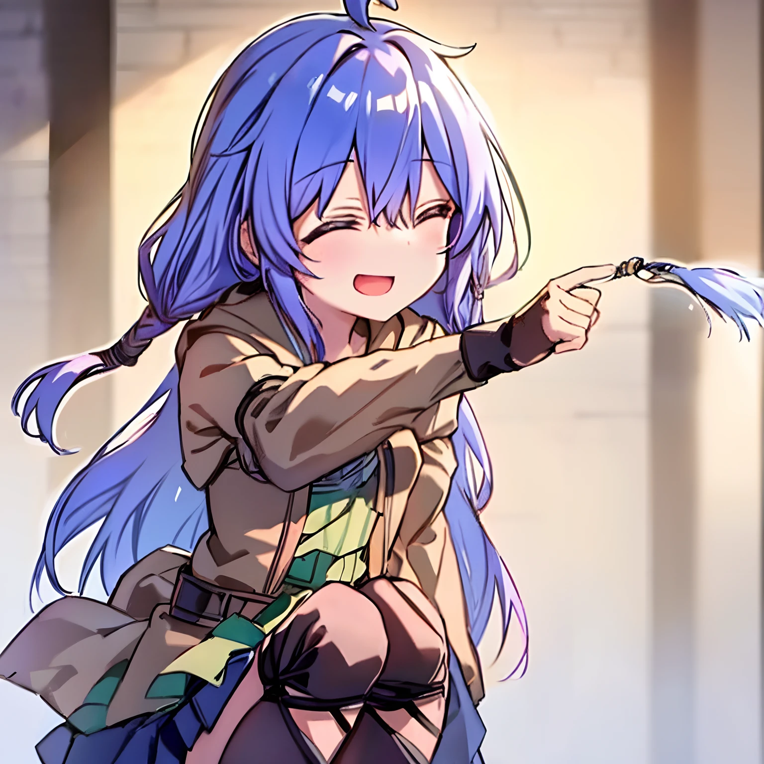 (best quality:1.2, masterpiece:1.2), uploaded to Elijah, 1 girl, solo, flowing long hair, Ahoge, portrait, vibrant colors, soft lighting, captivating smile, squatting, pleated skirt, open clothes, hood, oversized sleeves, hair between the eyes, medium-breasted, Arya Ego:1.3