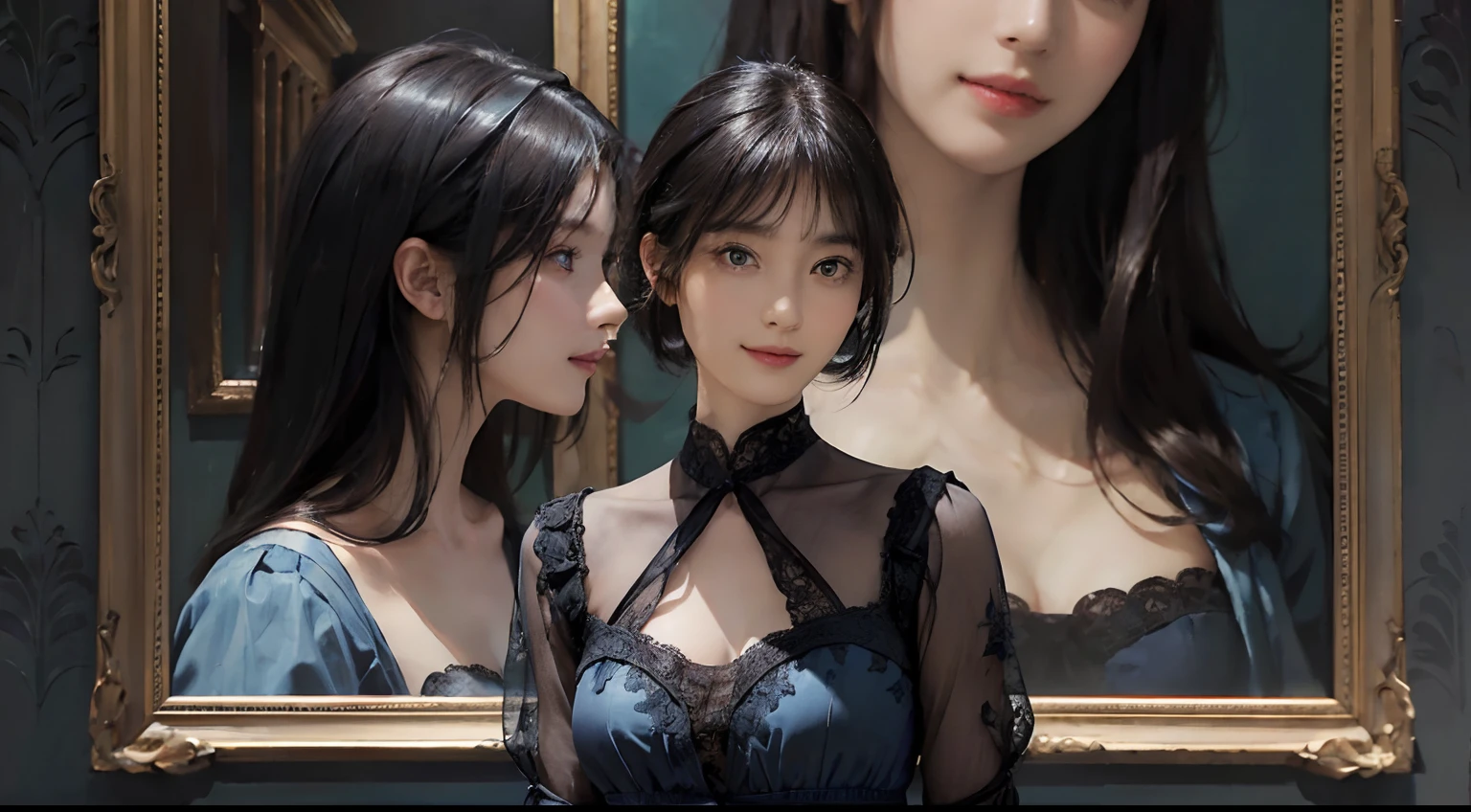 (((Black Shorthair))), (Louvre Museum), Pose Seductive, (A hyper-realistic), (Illustration), (Increased resolution), (8KUHD), (Extremely detailed), (Best Illustration), (Beautiful and detailed eyes), (Best Quality), (ultra-detailliert), (masutepiece ), ( Wallpaper), (Detailed face), Solo, (One woman in blue clothes), (Floral clothing),  (Breast bulge), Fine details, Detailed face, Deep Shadows, lowkey, pureerosfaceace_v1, Smiling,  46 point slanted bangs,  (Stand in front of a painting)