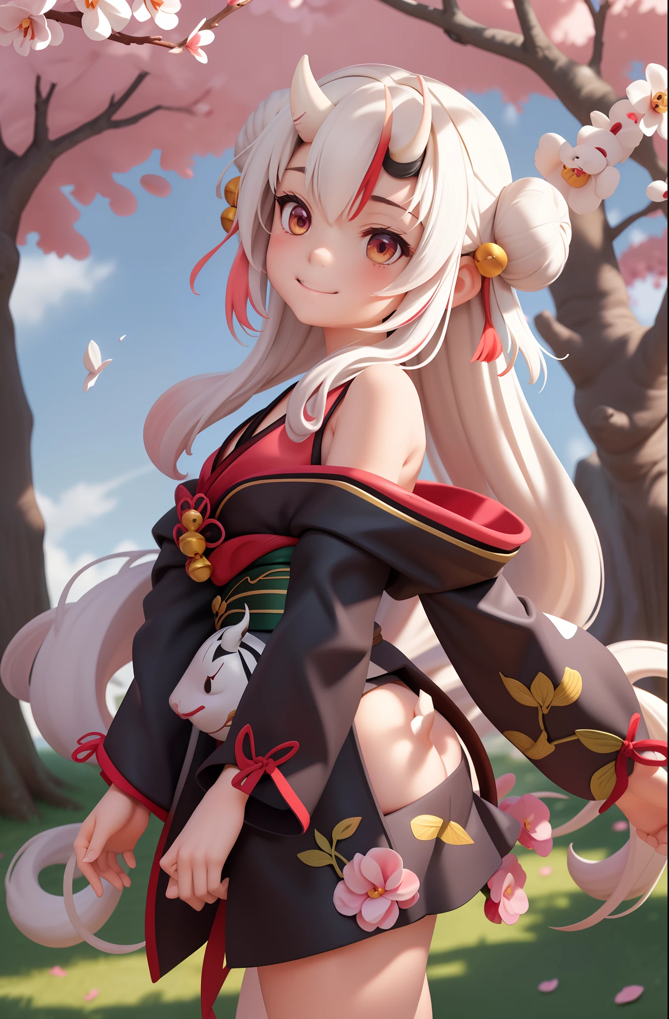 masterpiece, top-quality, absurderes, perfect anatomia, 1girl in, 独奏, Nakiri Ayame, The long-haired, from the front side, double bun, Iris Base, Black kimono, hair bell, obi, white thighhig, bare shoulders, long-sleeve, oni mask, Mask on the head, plein air, is standing, The cherry tree, Arms behind, a smile, from the front side