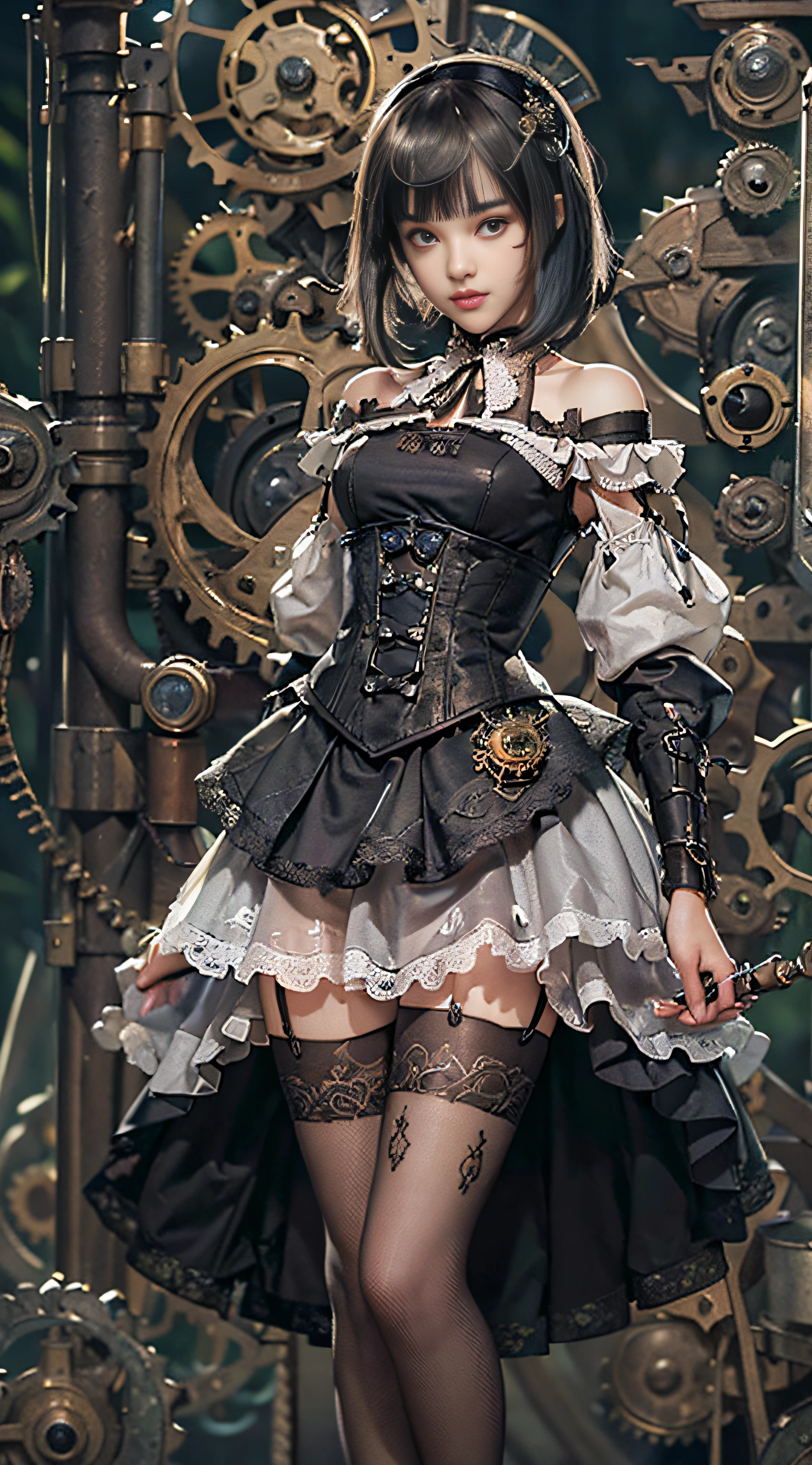 (((masterpiece)))、((top-quality))、(The ultra-detailliert)、(CG Illustration)、(Very Beautiful ))、Cinematic Light、((1 Mechanical Girl))、 scientific fiction、Apocalypse、Erotic grotesque、research institute(Beautiful and indulgent:1.2)、(1girl in:1.3)、Facing the front,a blond,Corset Belt,blue high waist skirt,