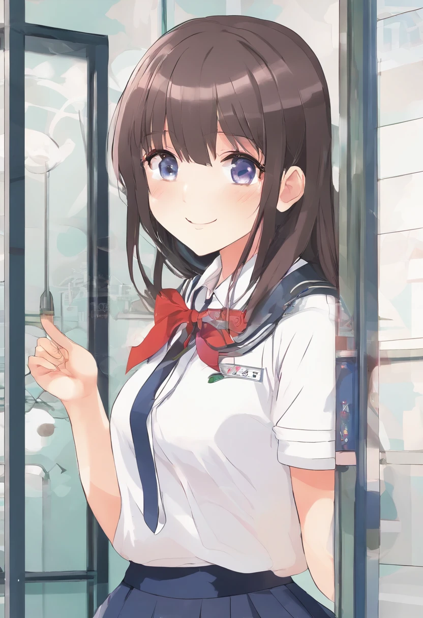 Big-breasted schoolgirl School uniform elegant smile Public toilet